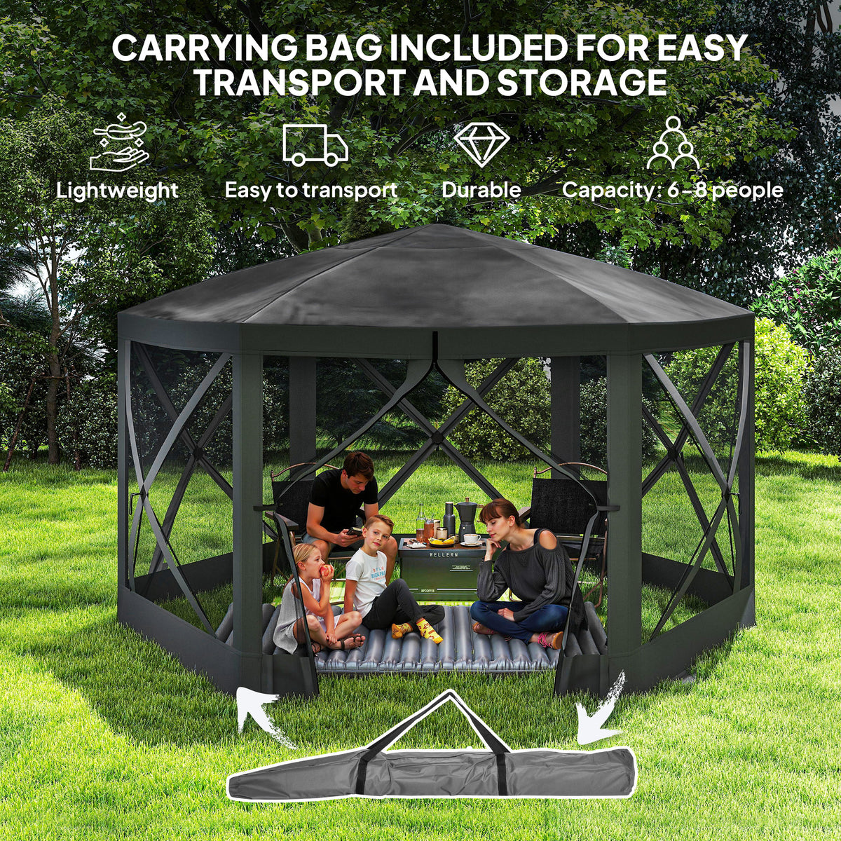 12' x 12' Hexagon Pop Up Screen Tent Camping Shelter Black-Camping Tents-DECOROLALA
