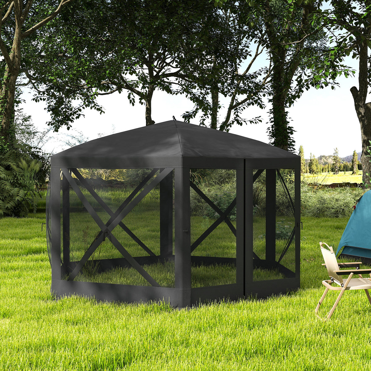 12' x 12' Hexagon Pop Up Screen Tent Camping Shelter Black-Camping Tents-DECOROLALA