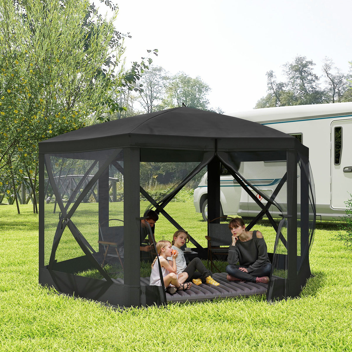 12' x 12' Hexagon Pop Up Screen Tent Camping Shelter Black-Camping Tents-DECOROLALA