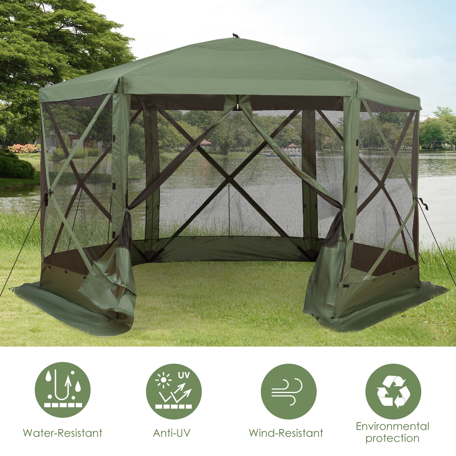 12' x 12' Hexagon Pop Up Screen Tent - Green-DECOROLALA