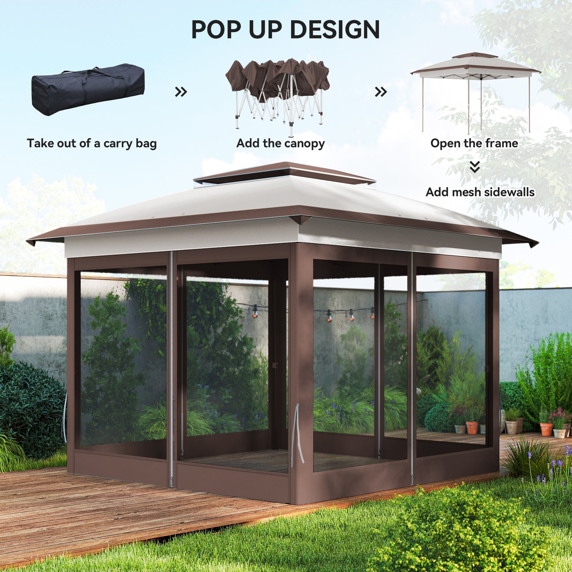 12' x 12' Pop Up Canopy Tent Mesh Sidewalls Beige-DECOROLALA