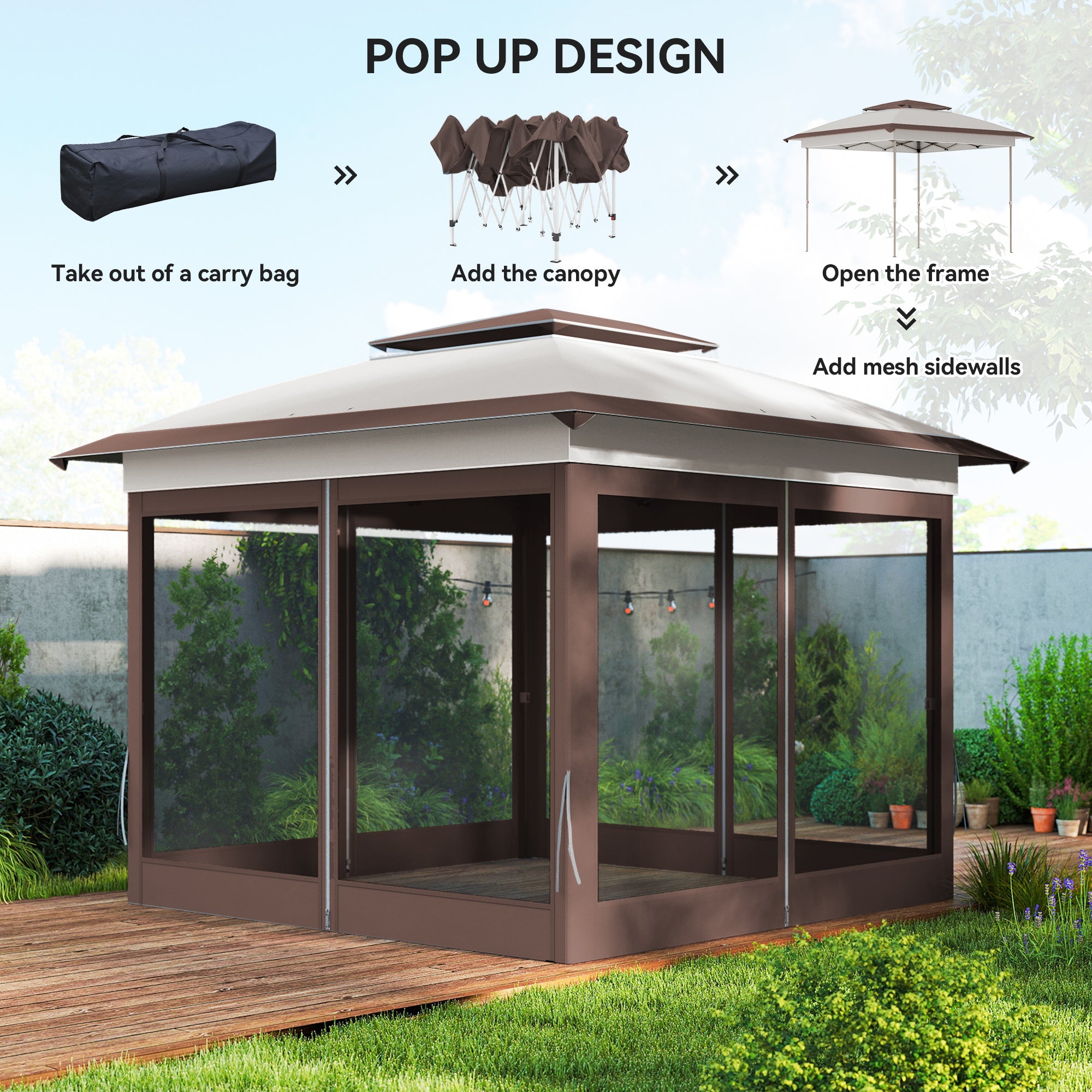 12' x 12' Pop Up Canopy Tent Mesh Sidewalls Beige-DECOROLALA