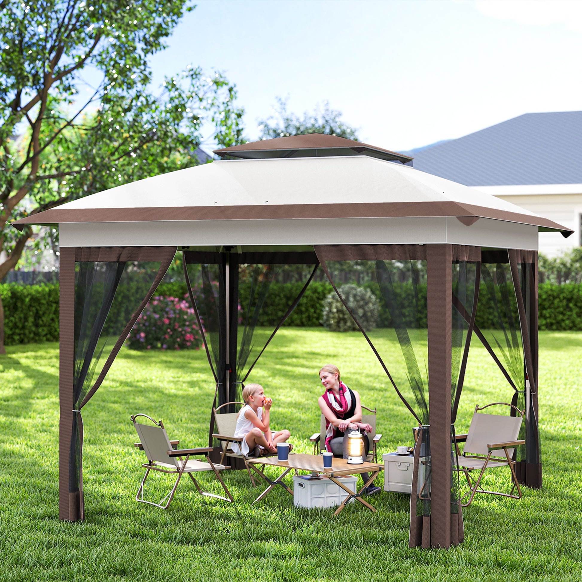 12' x 12' Pop Up Canopy Tent Mesh Sidewalls Beige-DECOROLALA