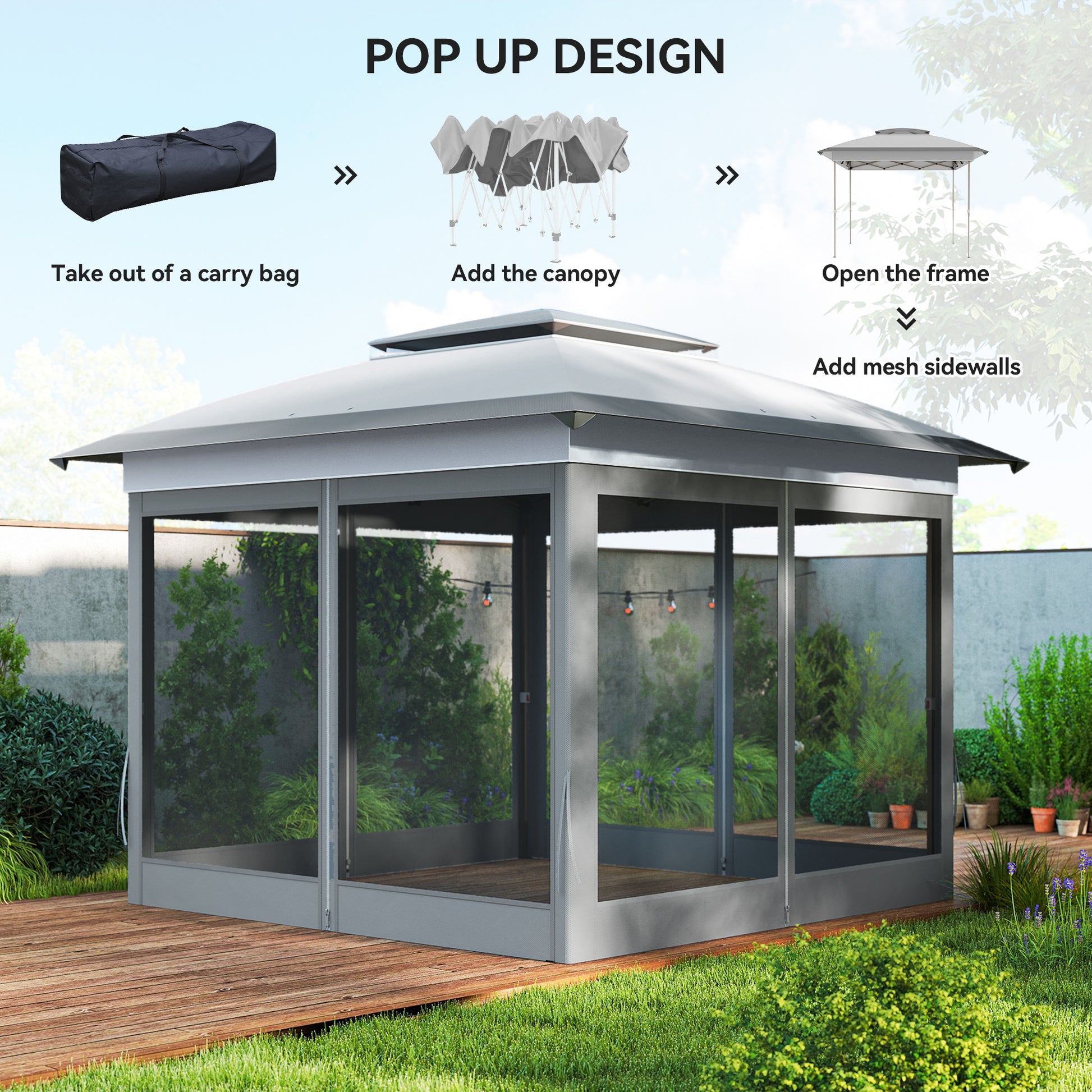 12' x 12' Pop Up Canopy with Mesh Sidewalls - Grey-DECOROLALA