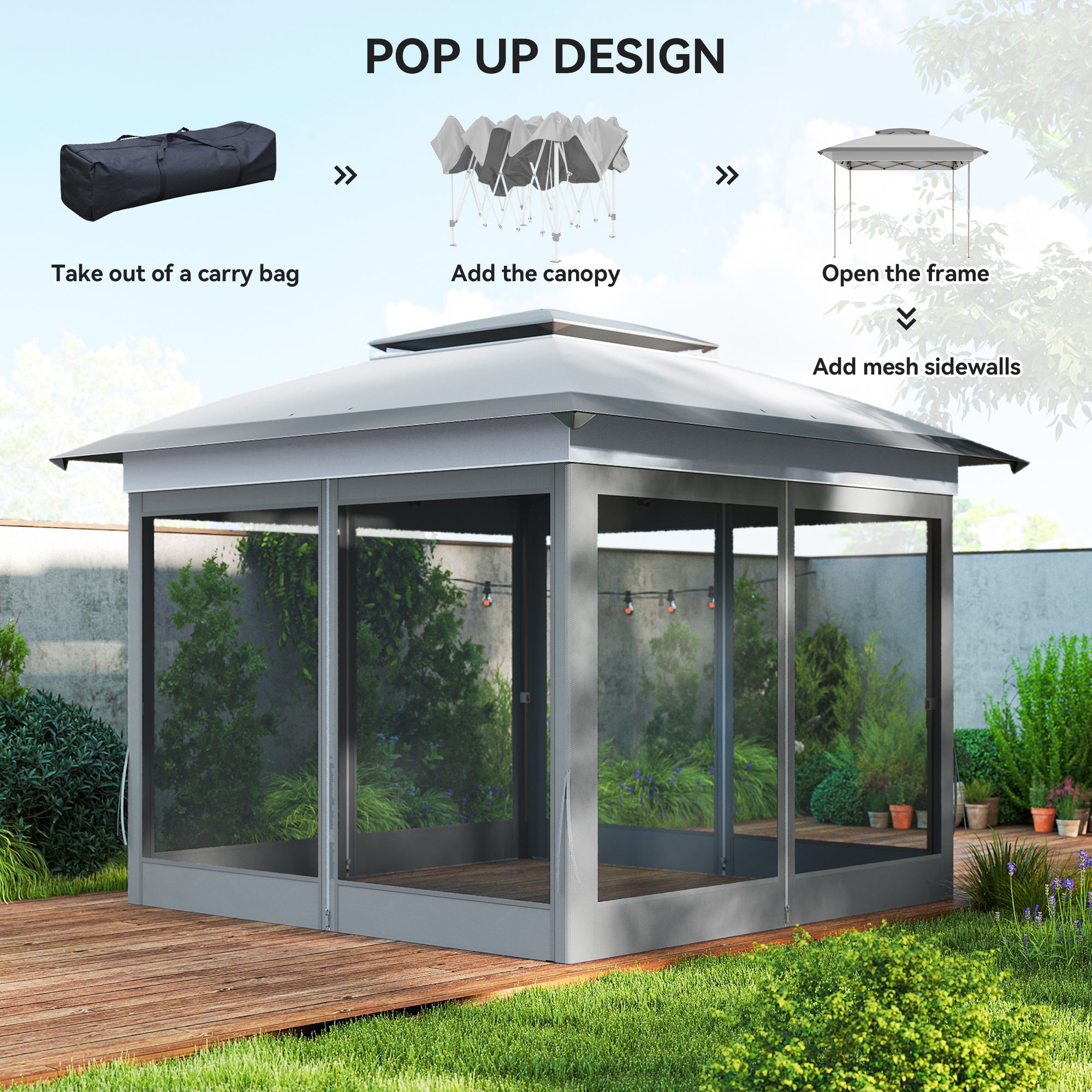 12' x 12' Pop Up Canopy with Mesh Sidewalls - Grey-DECOROLALA