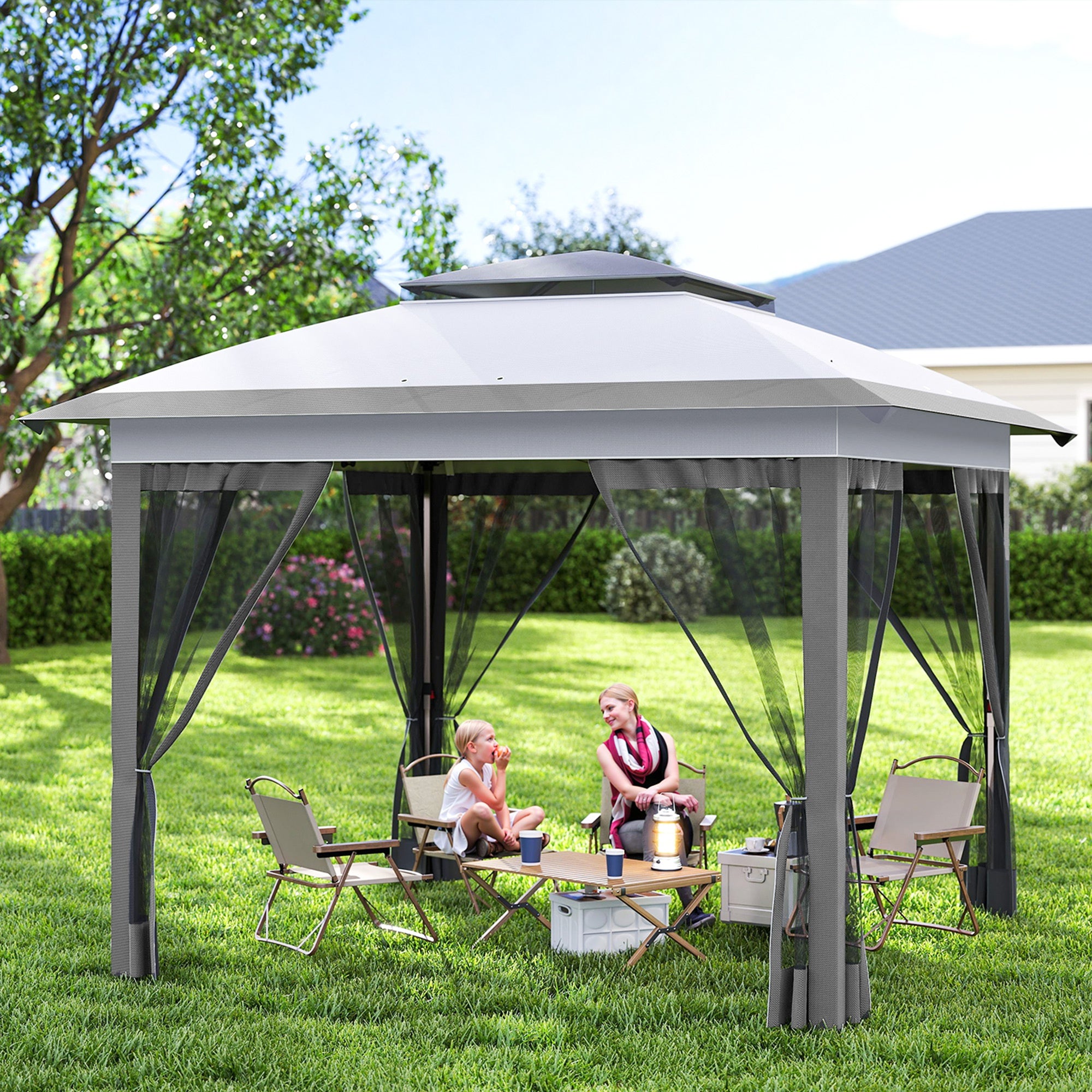 12' x 12' Pop Up Canopy with Mesh Sidewalls - Grey-DECOROLALA
