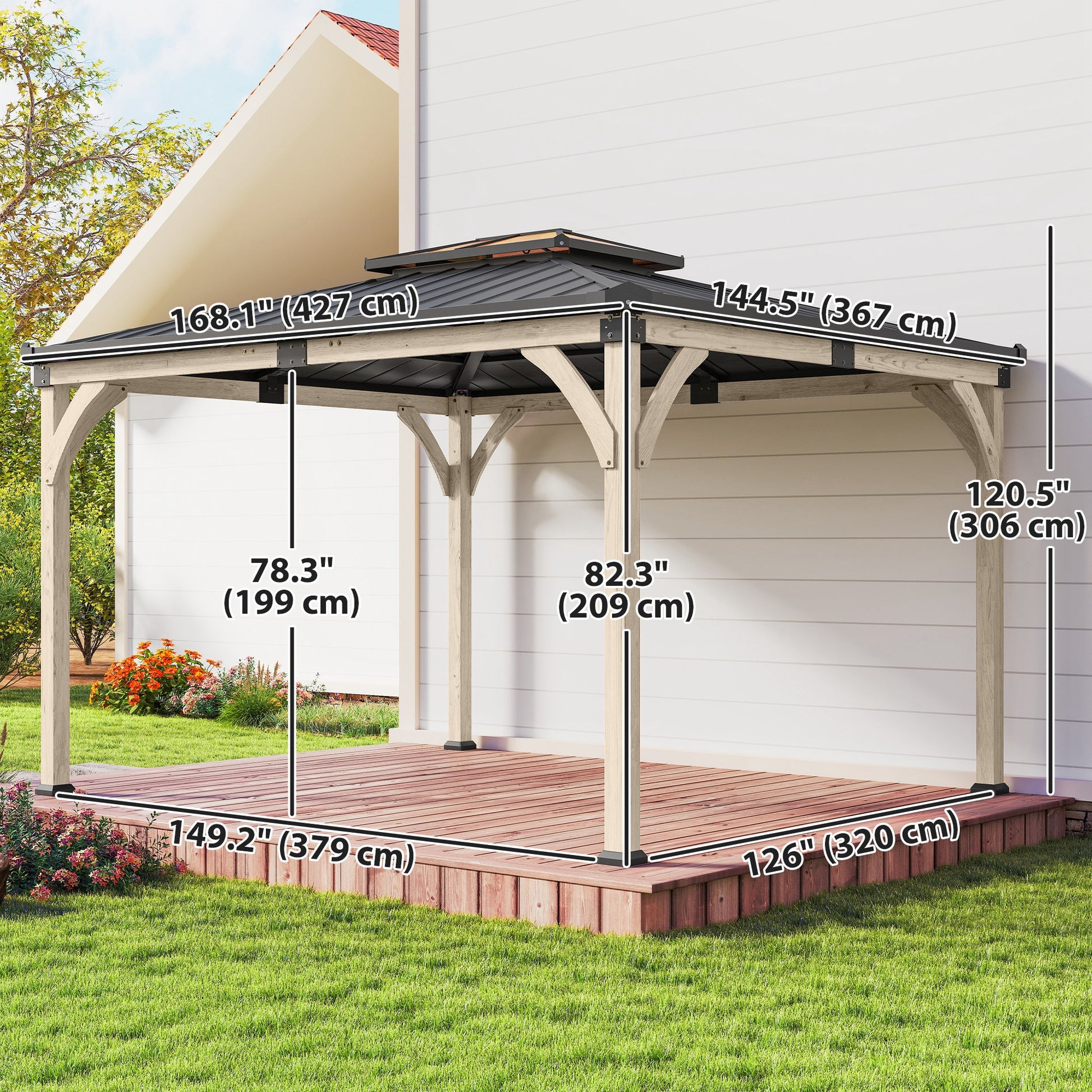 12' x 14' Hardtop Gazebo Canopy with Galvanized Steel Roof, Wood Frame, Double Roof Outdoor Gazebo, Light Walnut-DECOROLALA