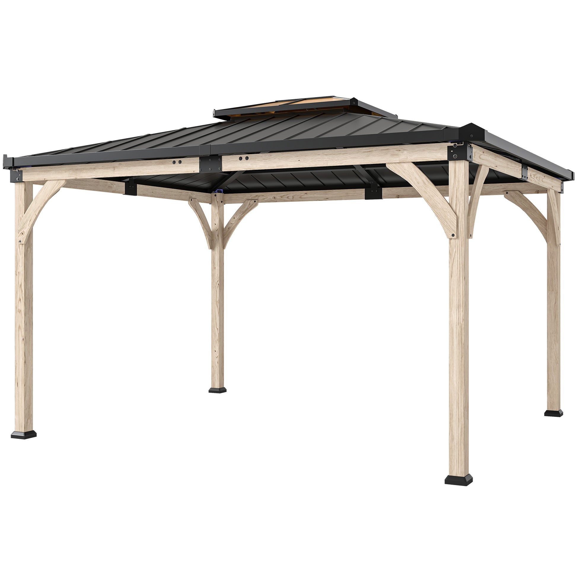 12' x 14' Hardtop Gazebo Canopy with Galvanized Steel Roof, Wood Frame, Double Roof Outdoor Gazebo, Light Walnut-DECOROLALA