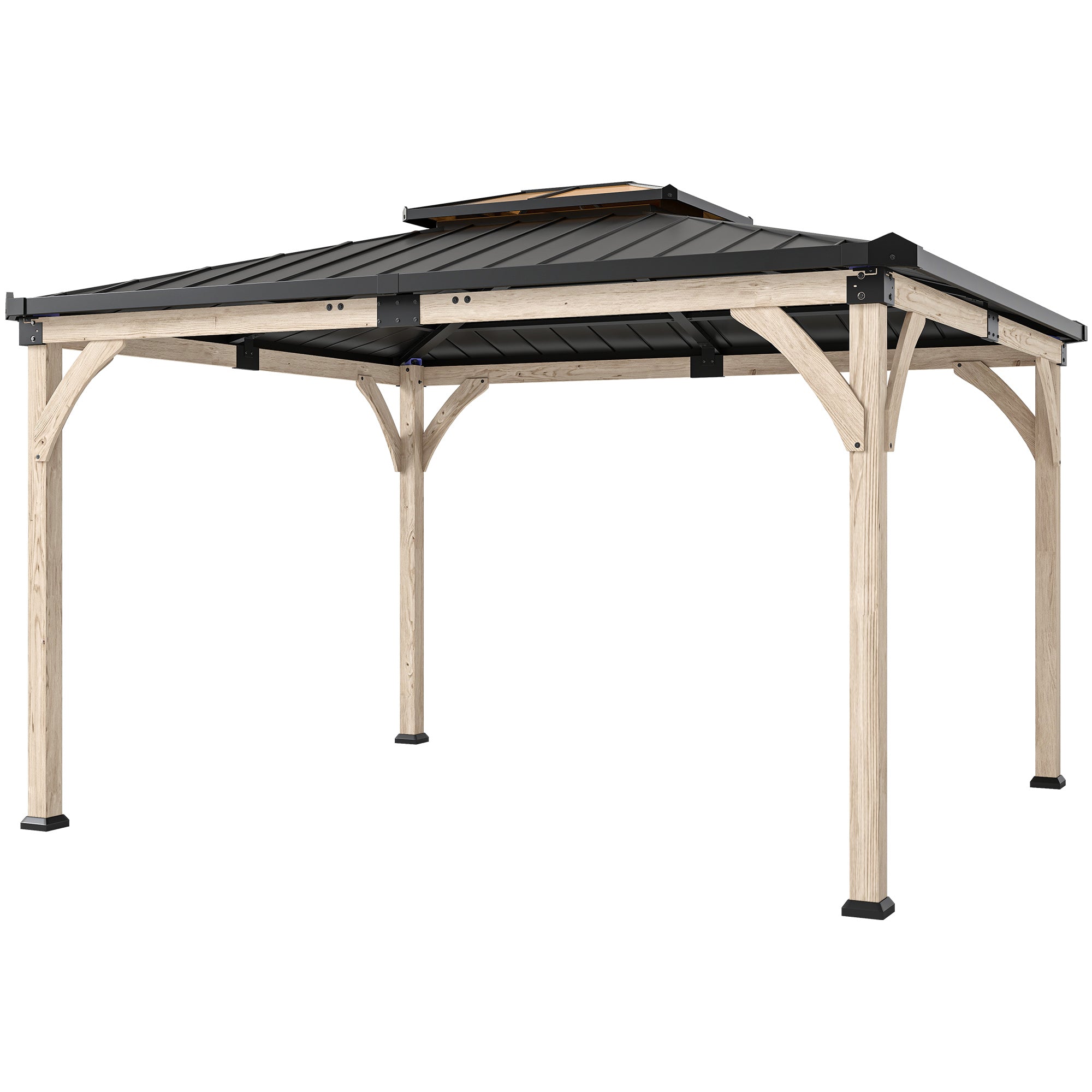 12' x 14' Hardtop Gazebo Canopy with Galvanized Steel Roof, Wood Frame, Double Roof Outdoor Gazebo, Light Walnut-DECOROLALA