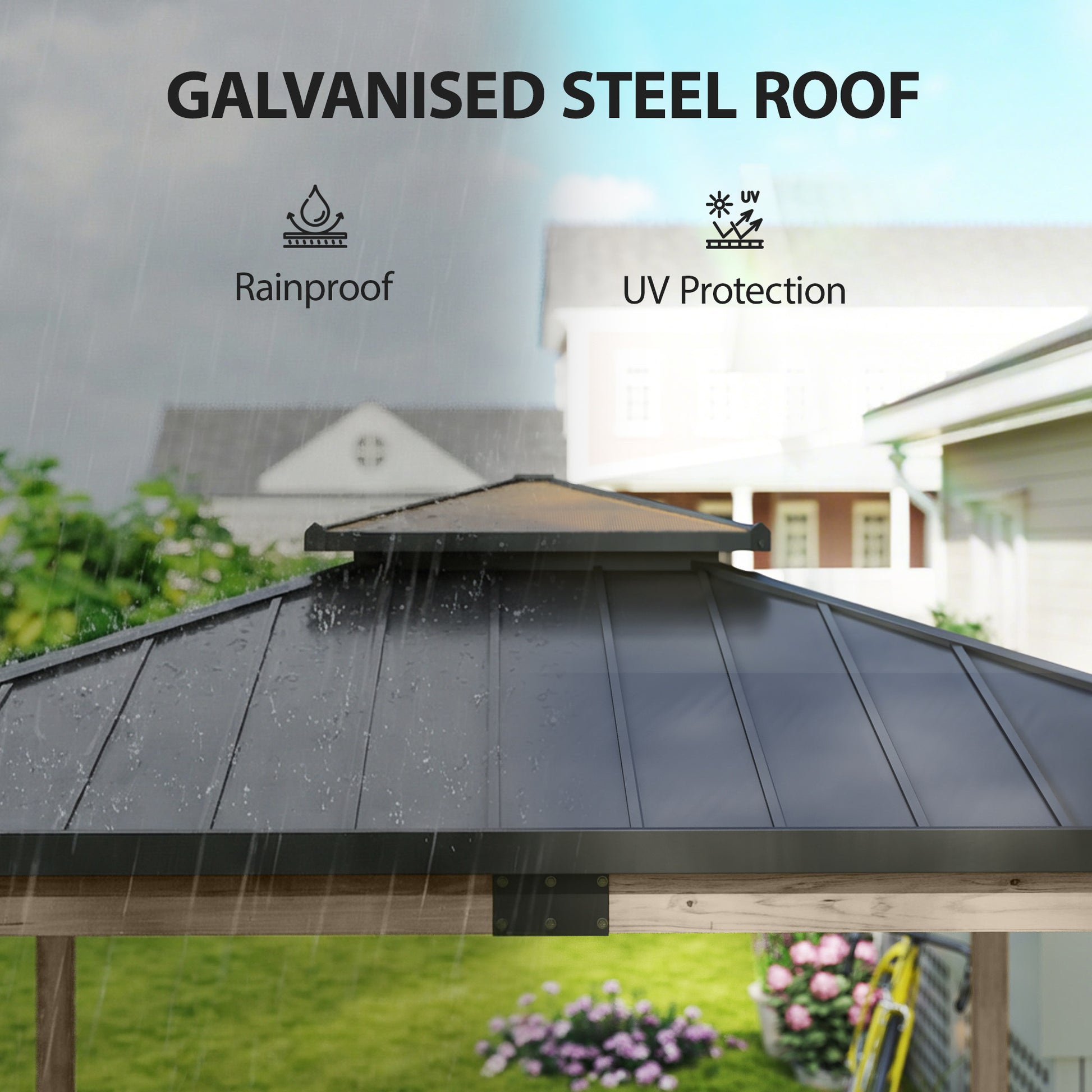 12' x 14' Hardtop Gazebo Canopy with Galvanized Steel Roof, Wood Frame, Double Roof Outdoor Gazebo, Light Walnut-DECOROLALA