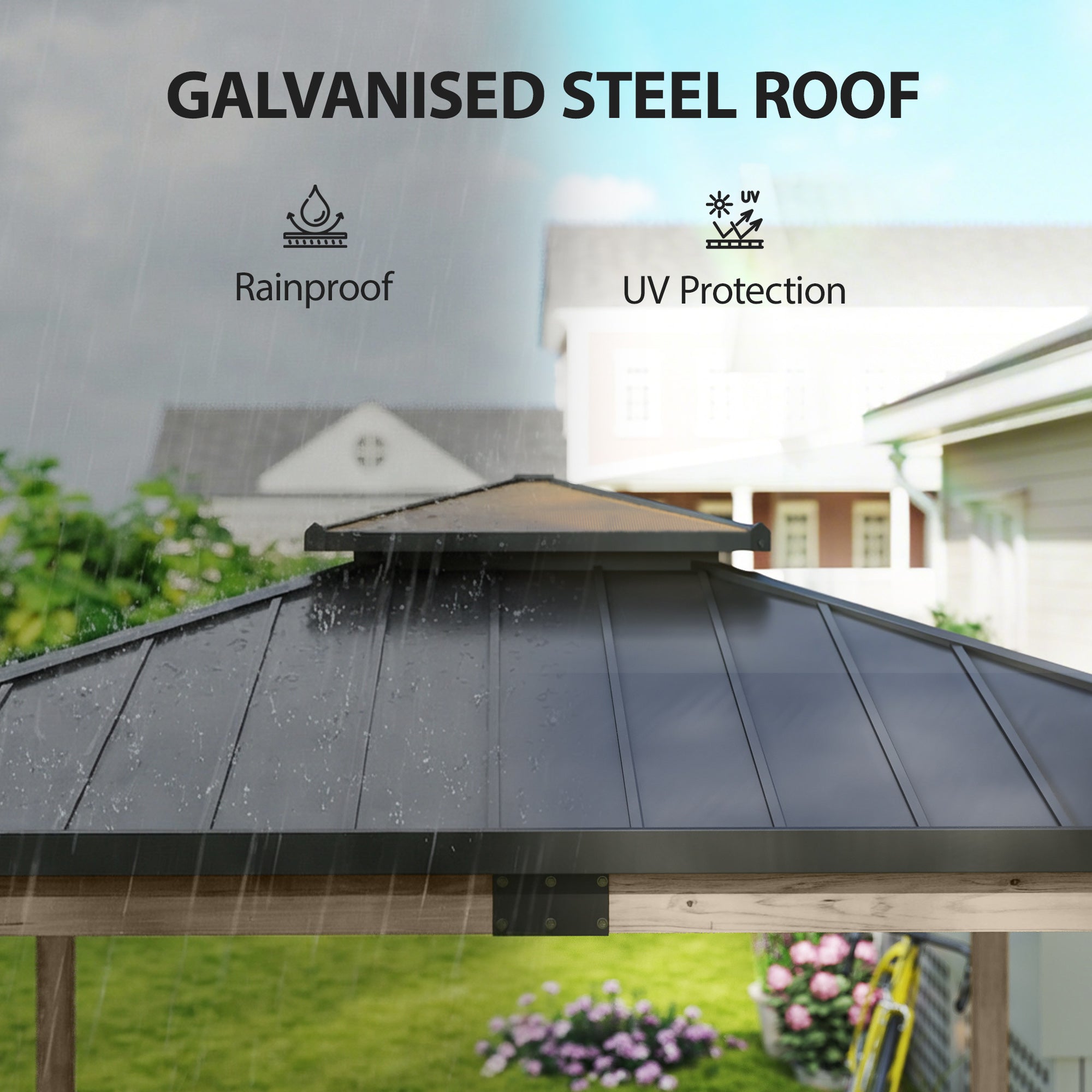 12' x 14' Hardtop Gazebo Canopy with Galvanized Steel Roof, Wood Frame, Double Roof Outdoor Gazebo, Light Walnut-DECOROLALA