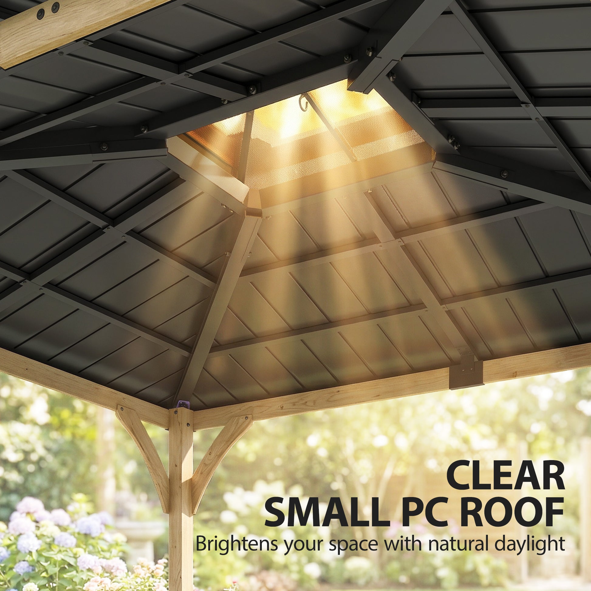 12' x 14' Hardtop Gazebo Canopy with Galvanized Steel Roof, Wood Frame, Double Roof Outdoor Gazebo, Light Walnut-DECOROLALA