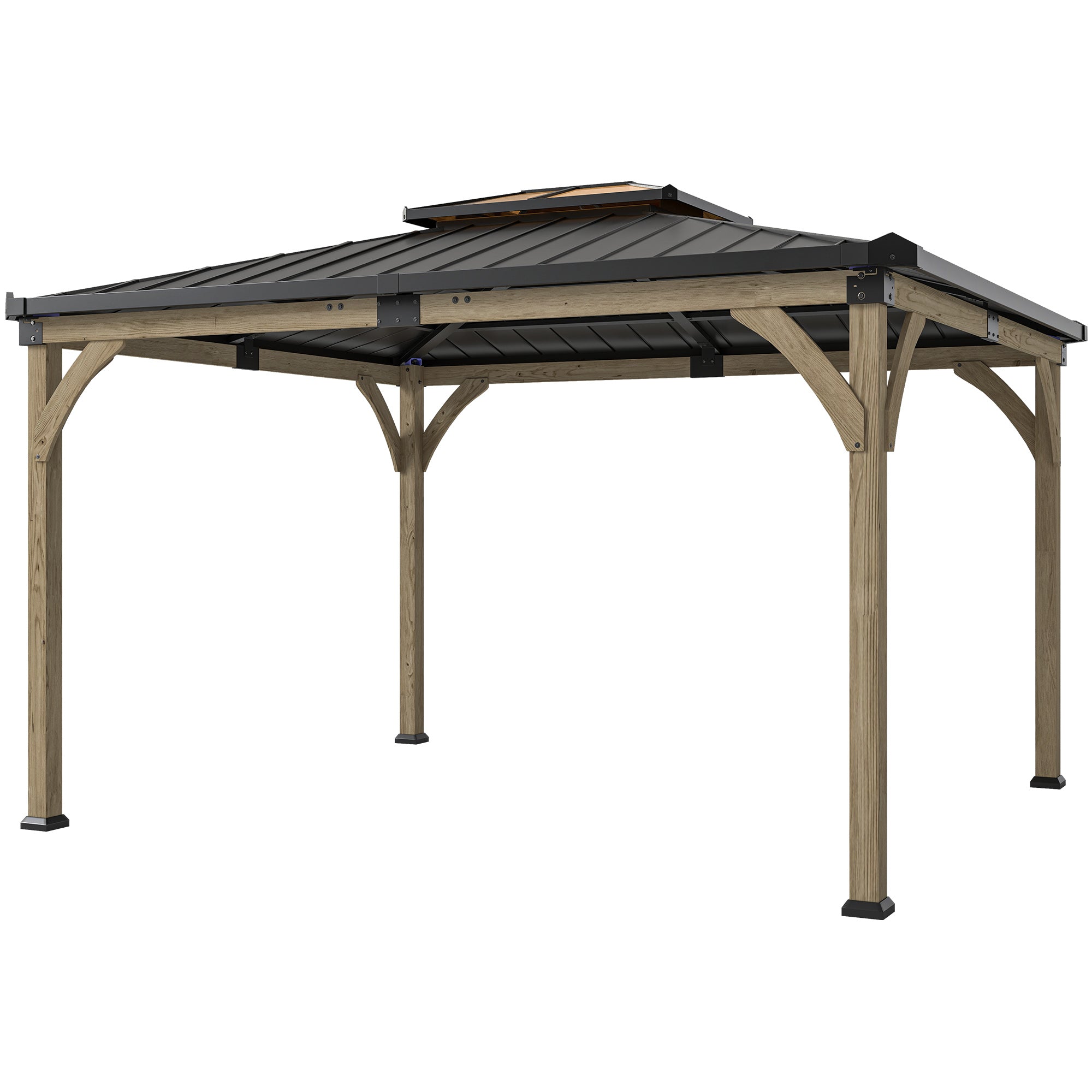 12' x 14' Hardtop Gazebo Canopy with Galvanized Steel Roof, Wood Frame, Double Roof Outdoor Gazebo, Light Walnut-DECOROLALA