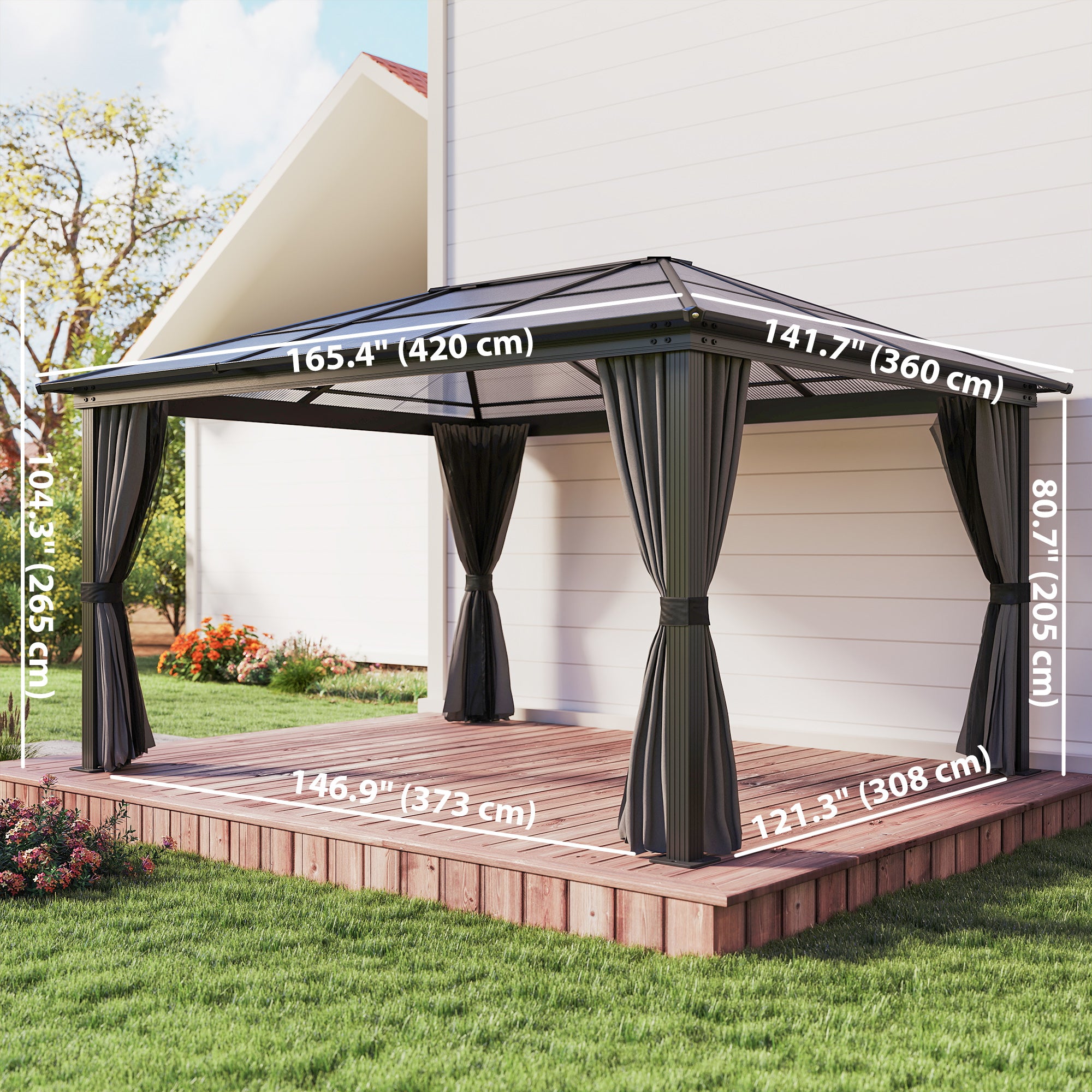 12' x 15' Polycarbonate Gazebo Canopy, Aluminum Frame, Dark Grey, UV-Protected-DECOROLALA