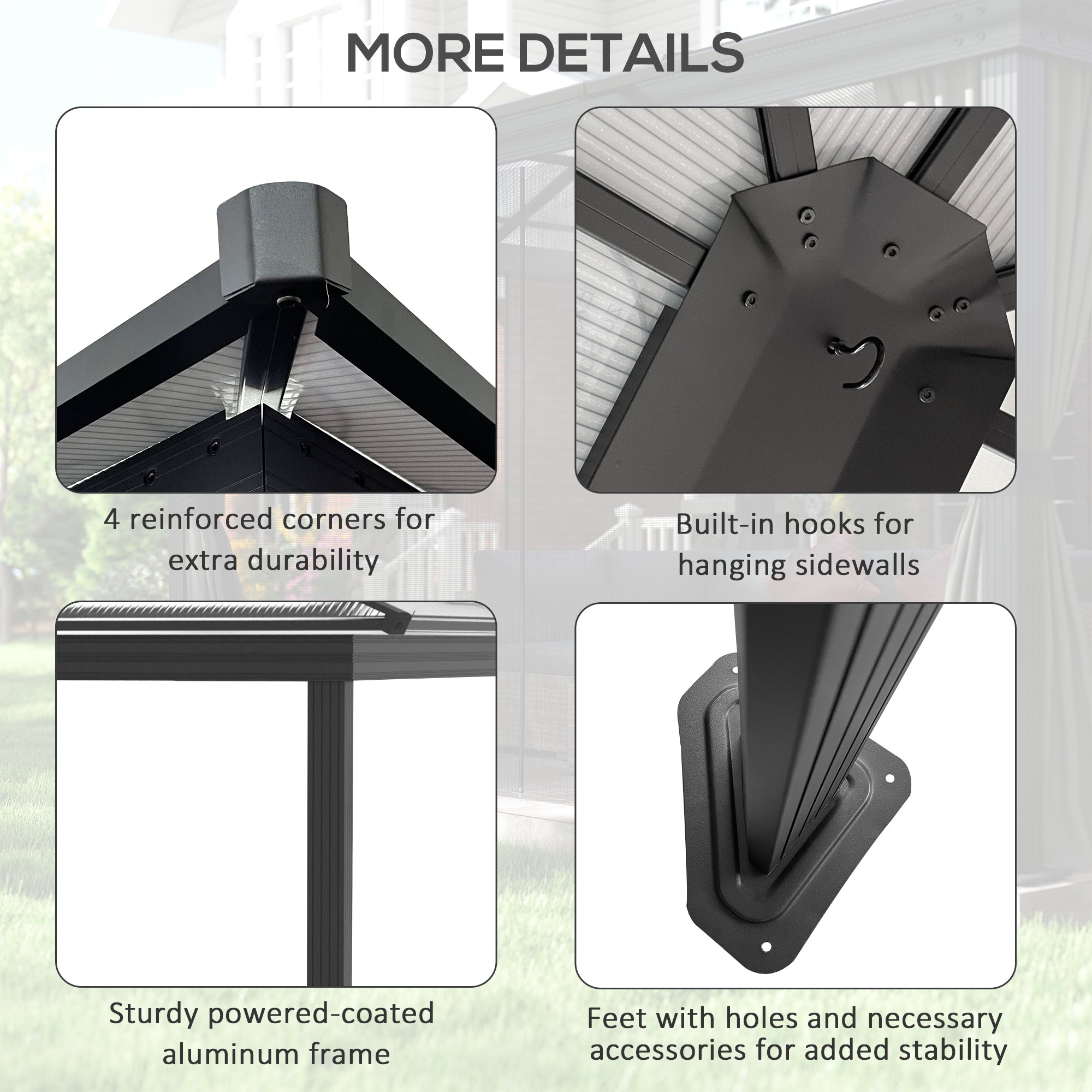 12' x 15' Polycarbonate Gazebo Canopy, Aluminum Frame, Dark Grey, UV-Protected-DECOROLALA