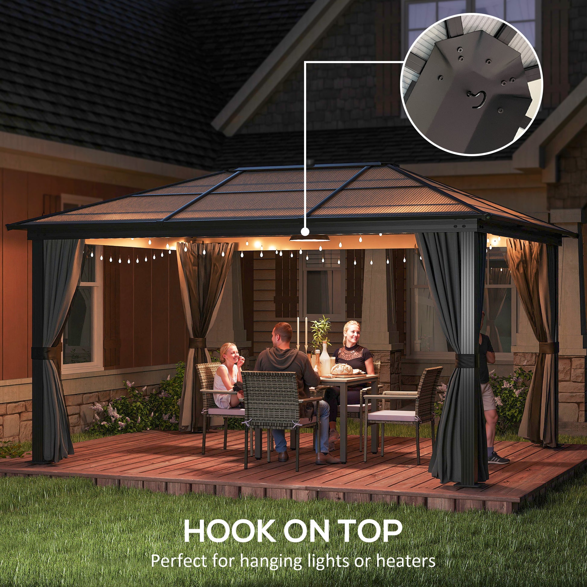 12' x 15' Polycarbonate Gazebo Canopy, Aluminum Frame, Dark Grey, UV-Protected-DECOROLALA