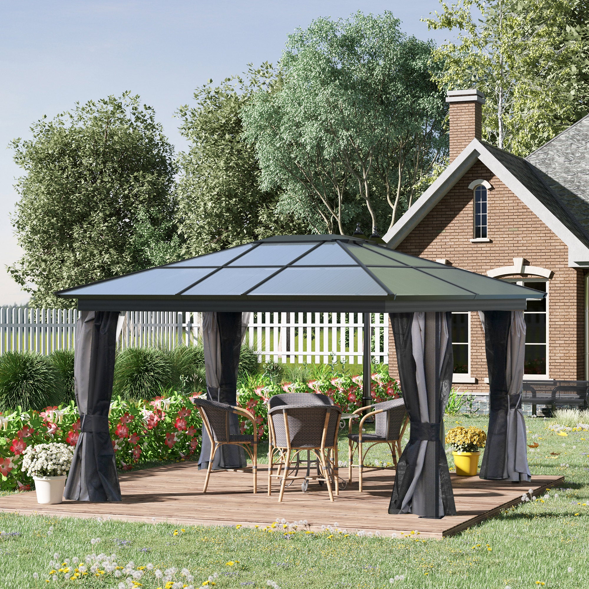 12' x 15' Polycarbonate Gazebo Canopy, Aluminum Frame, Dark Grey, UV-Protected-DECOROLALA