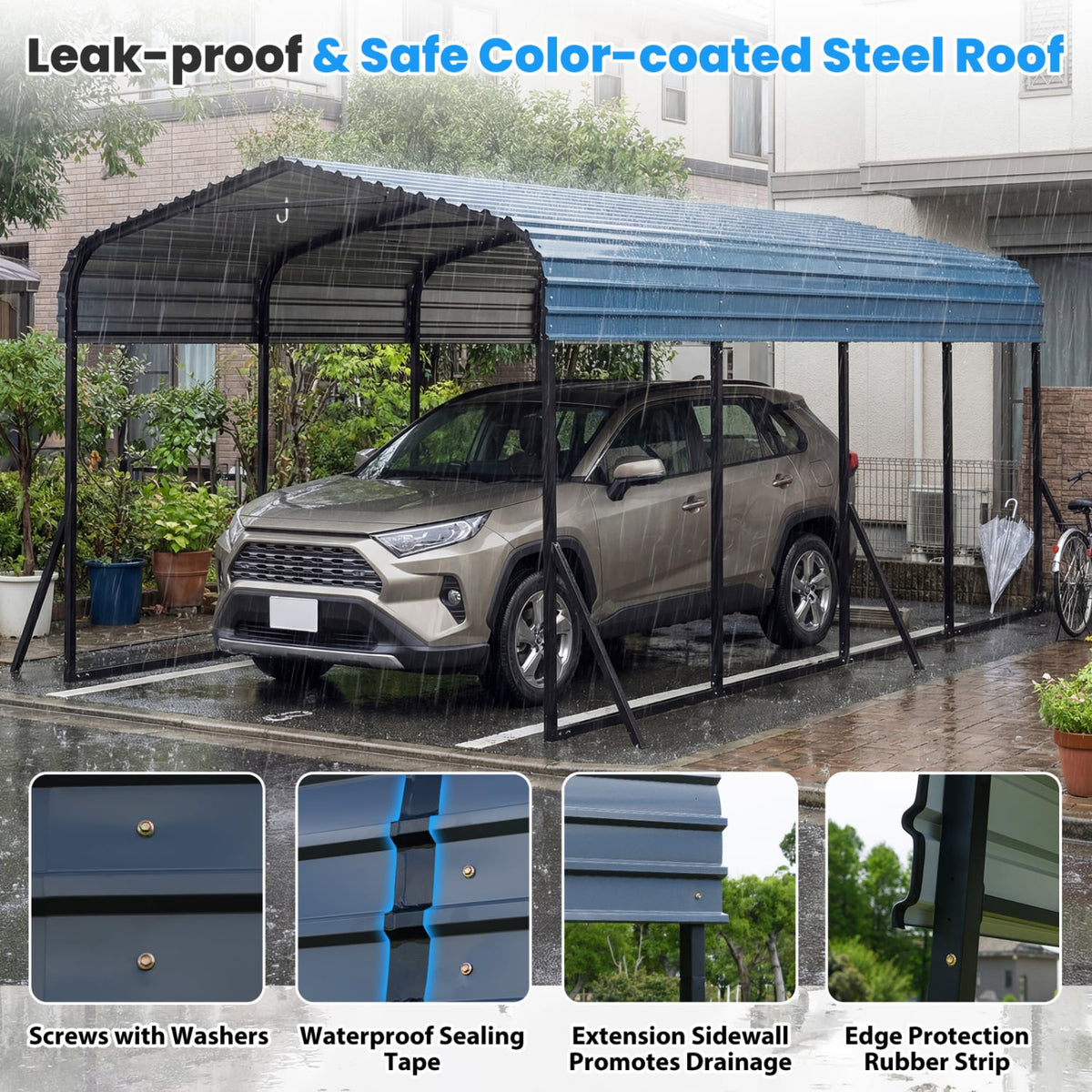 12 x 20 Feet Heavy-Duty Carport Outdoor Galvanized Steel Garage Car Shelter-Black-Carports-DECOROLALA