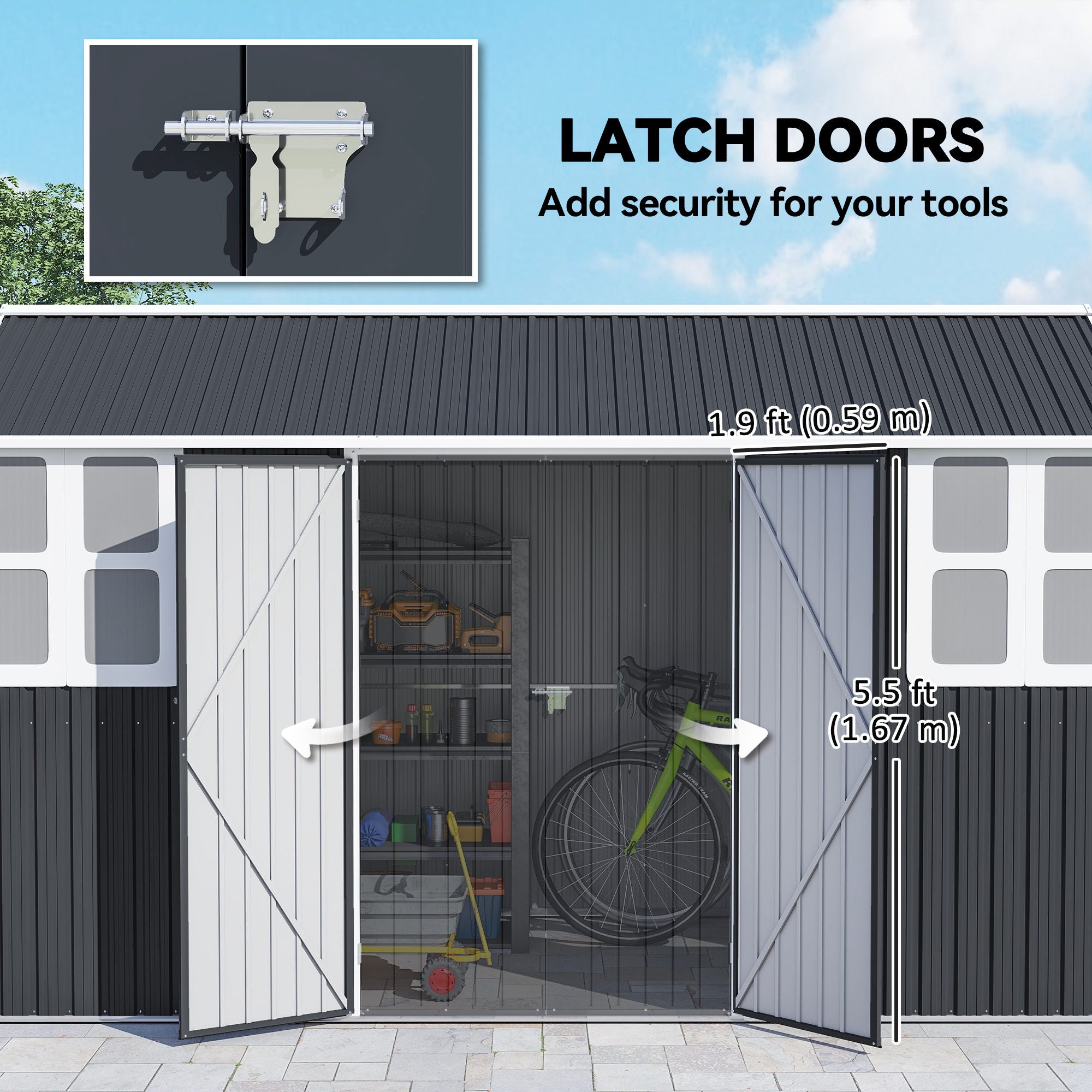 12' x 5.5' Metal Garden Storage Shed - Dark Grey-Patio & Garden > Lawn & Garden > Sheds-DECOROLALA
