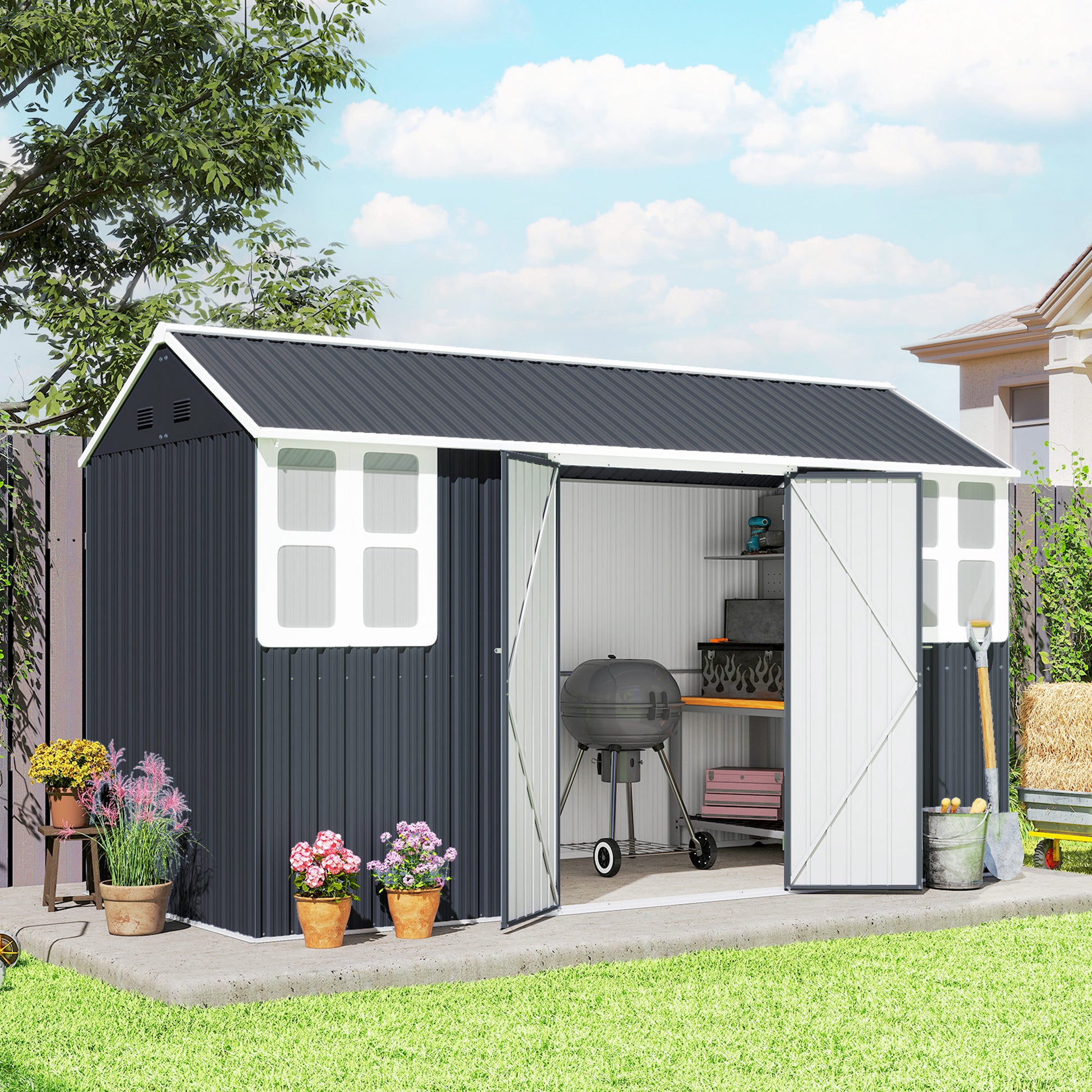 12' x 5.5' Metal Garden Storage Shed - Dark Grey-Patio & Garden > Lawn & Garden > Sheds-DECOROLALA