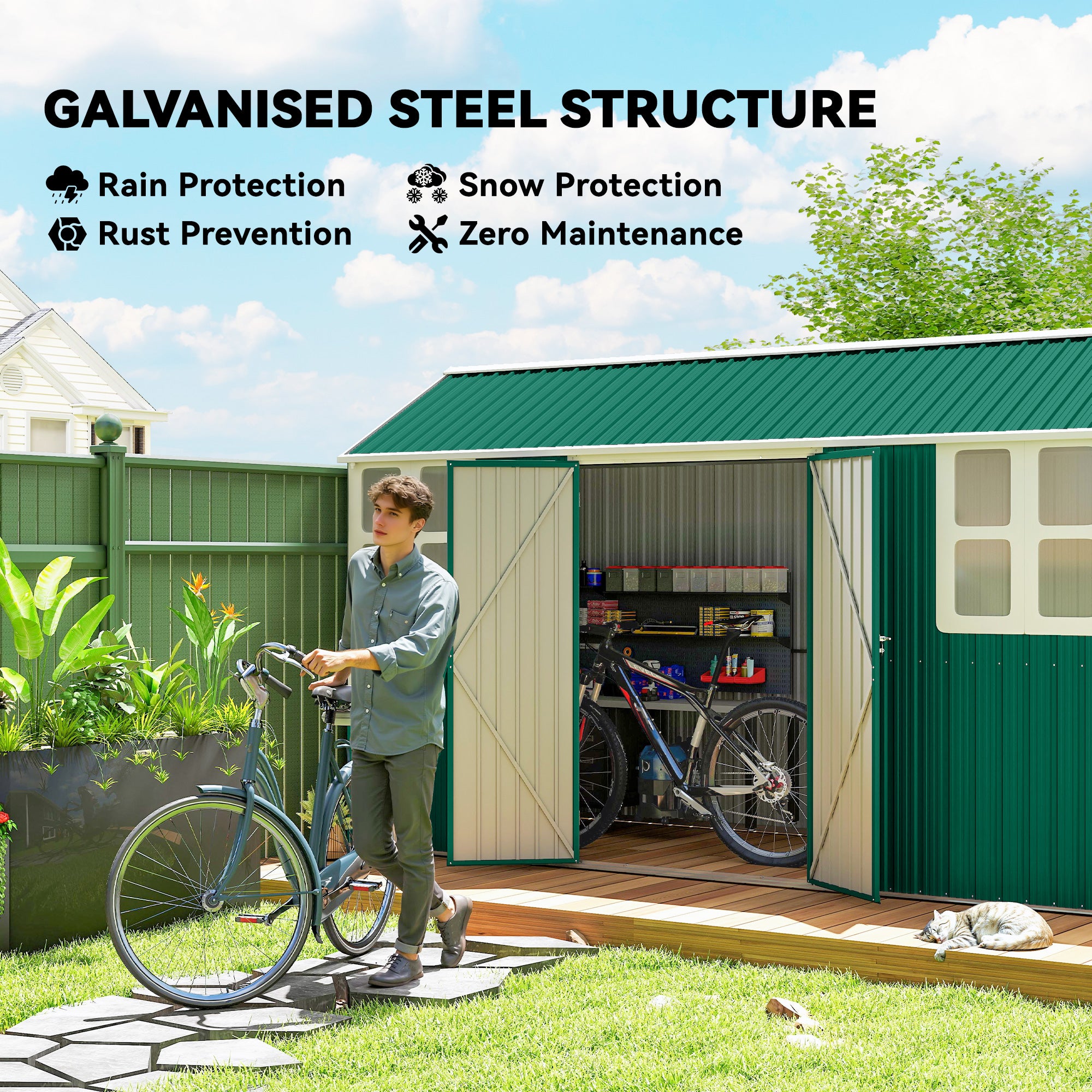 12' x 5.5' Metal Garden Storage Shed - Green Galvanized Steel-Patio & Garden > Lawn & Garden > Sheds-DECOROLALA