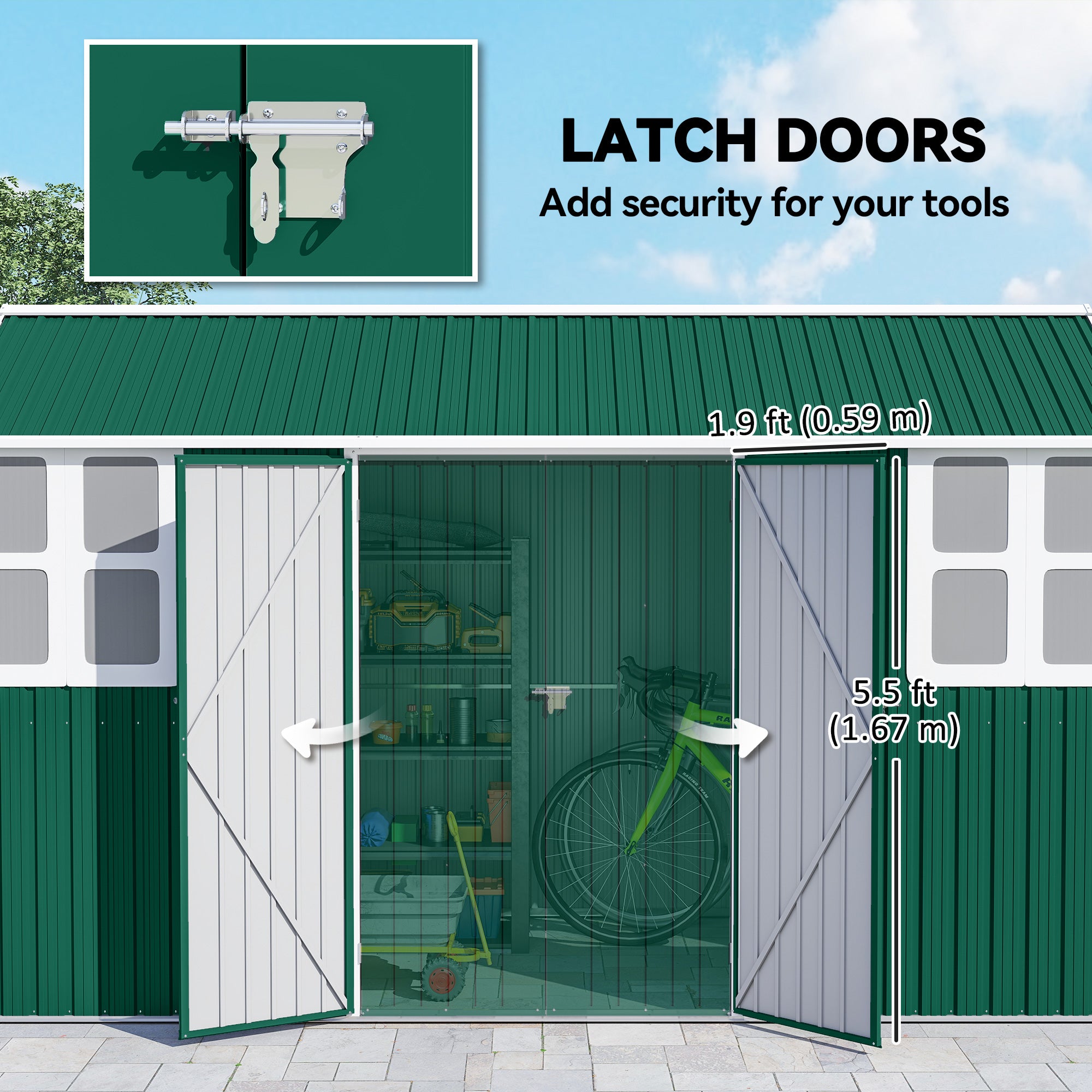 12' x 5.5' Metal Garden Storage Shed - Green Galvanized Steel-Patio & Garden > Lawn & Garden > Sheds-DECOROLALA