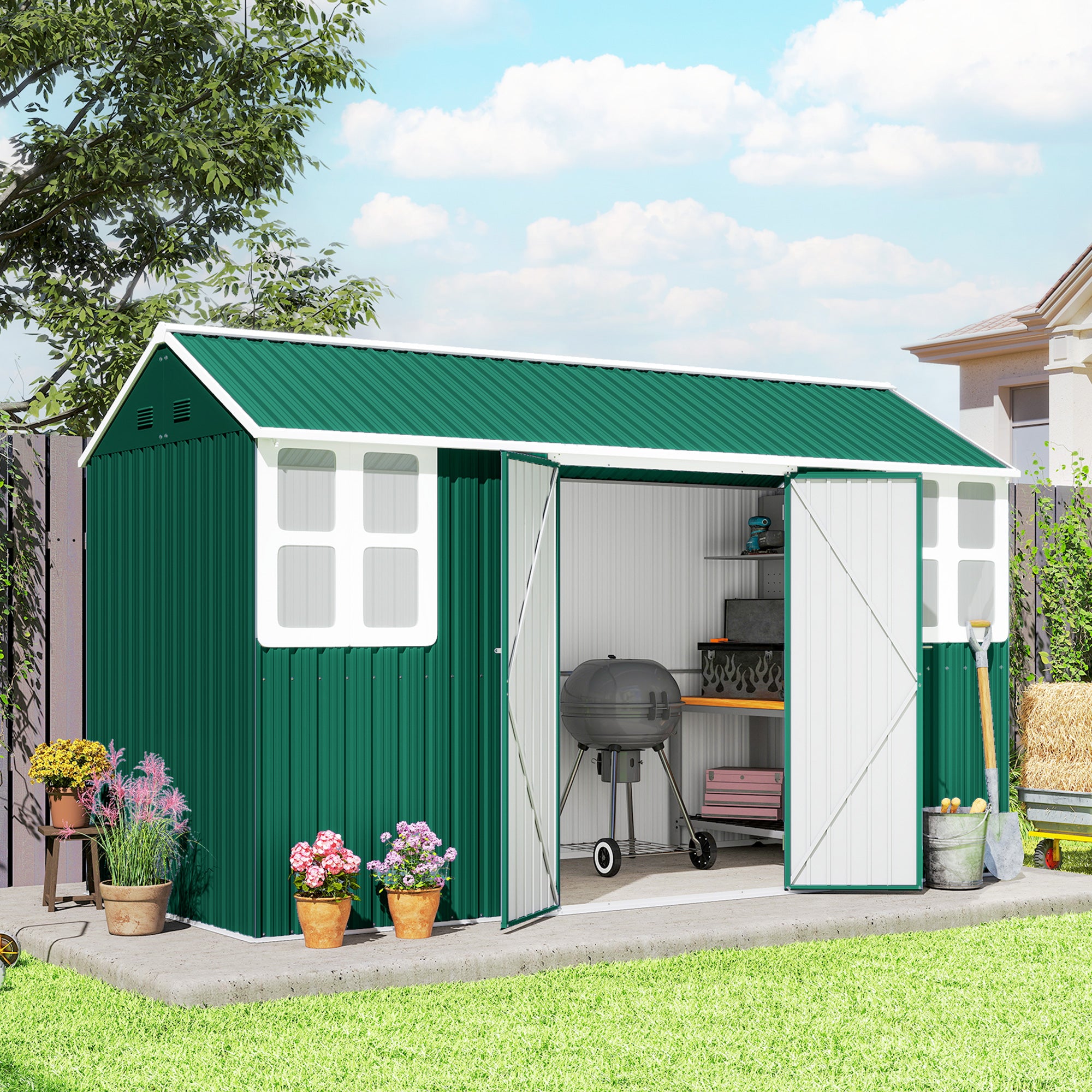 12' x 5.5' Metal Garden Storage Shed - Green Galvanized Steel-Patio & Garden > Lawn & Garden > Sheds-DECOROLALA
