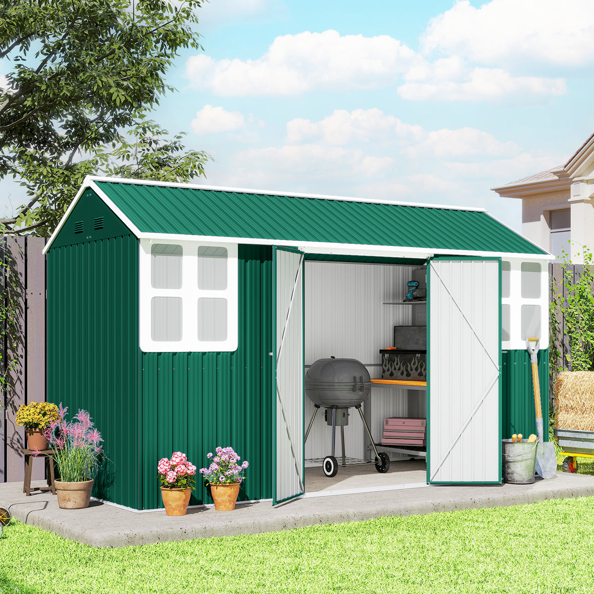12' x 5.5' Metal Garden Storage Shed - Green Galvanized Steel-Patio & Garden > Lawn & Garden > Sheds-DECOROLALA
