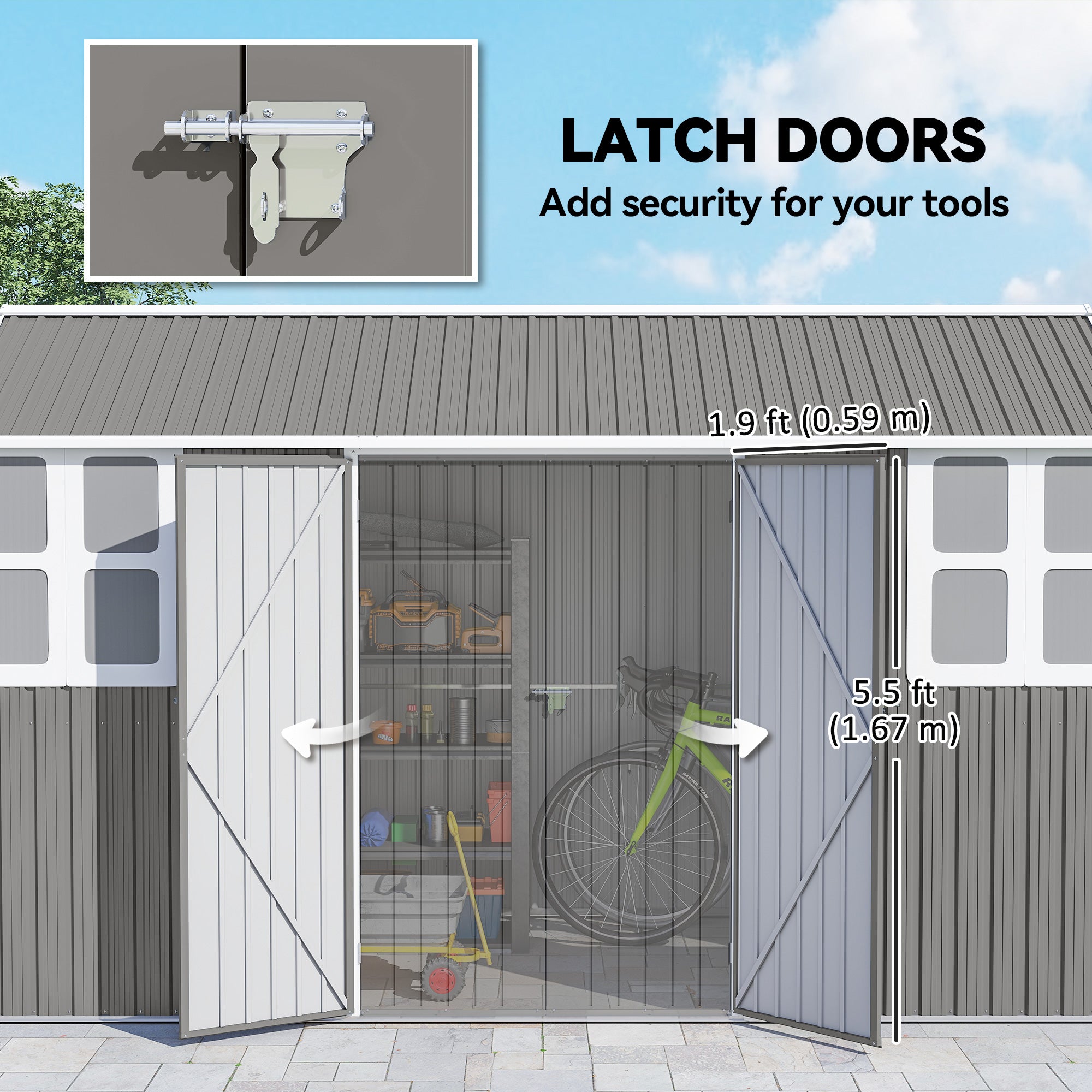 12' x 5.5' Metal Garden Storage Shed - Light Grey-Patio & Garden > Lawn & Garden > Sheds-DECOROLALA