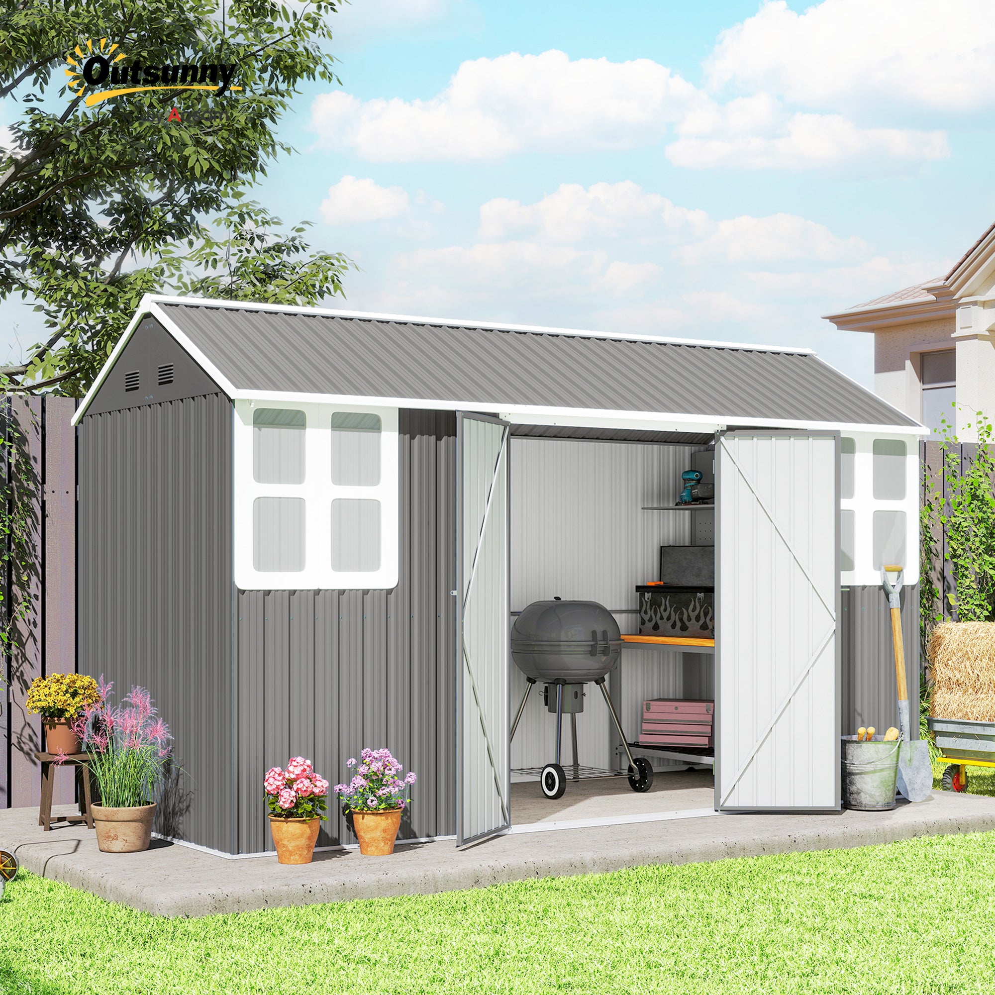 12' x 5.5' Metal Garden Storage Shed - Light Grey-Patio & Garden > Lawn & Garden > Sheds-DECOROLALA