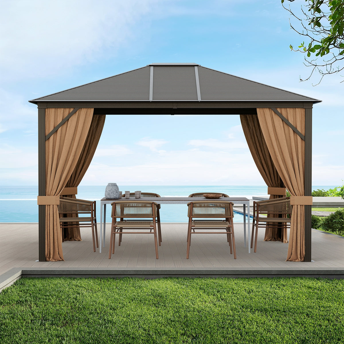 12 x10 Feet Outdoor Hardtop Gazebo with Galvanized Steel Top and Netting-Brown-Outdoor Shades-DECOROLALA