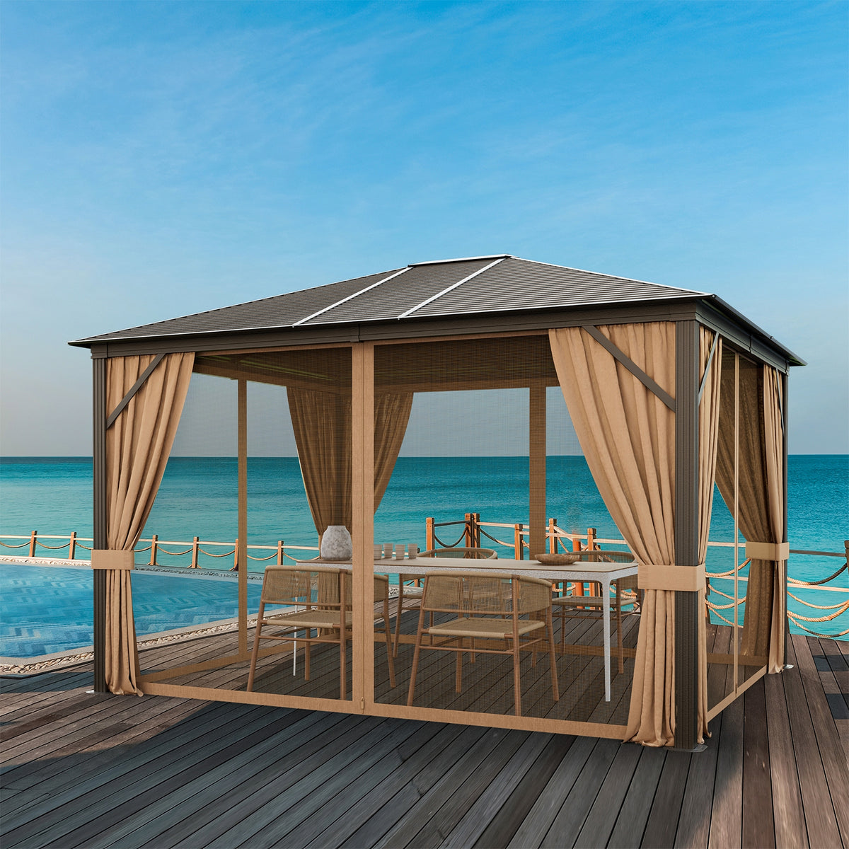 12 x10 Feet Outdoor Hardtop Gazebo with Galvanized Steel Top and Netting-Brown-Outdoor Shades-DECOROLALA