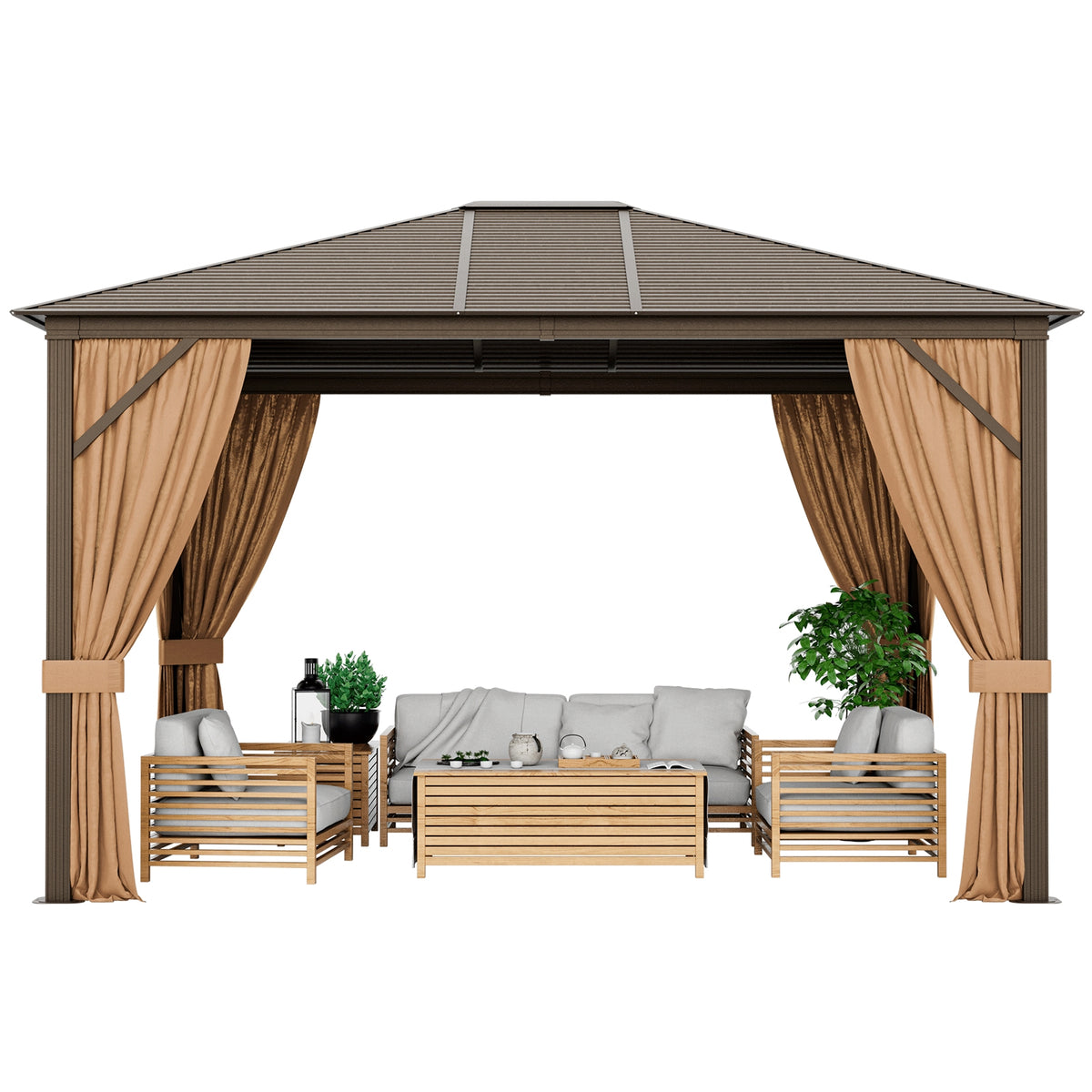 12 x10 Feet Outdoor Hardtop Gazebo with Galvanized Steel Top and Netting-Brown-Outdoor Shades-DECOROLALA