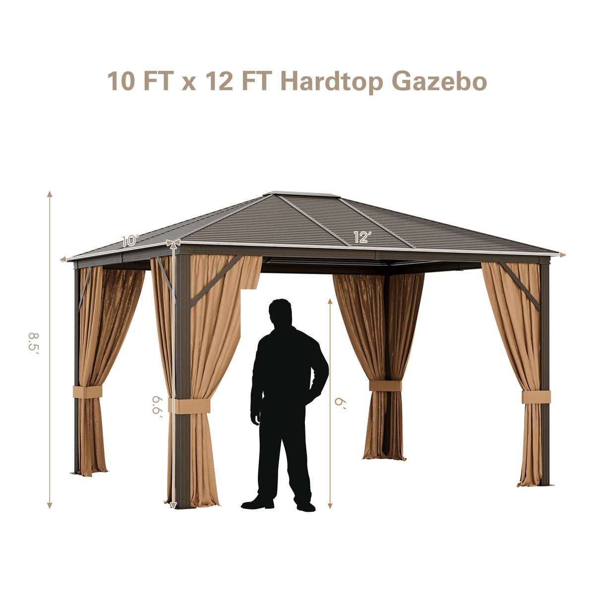 12 x10 Feet Outdoor Hardtop Gazebo with Galvanized Steel Top and Netting-Brown-Outdoor Shades-DECOROLALA