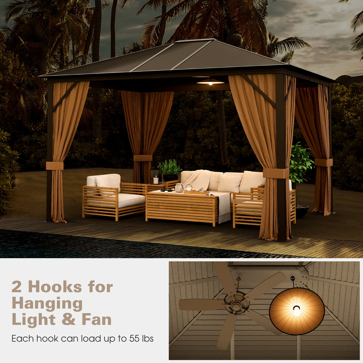 12 x10 Feet Outdoor Hardtop Gazebo with Galvanized Steel Top and Netting-Brown-Outdoor Shades-DECOROLALA