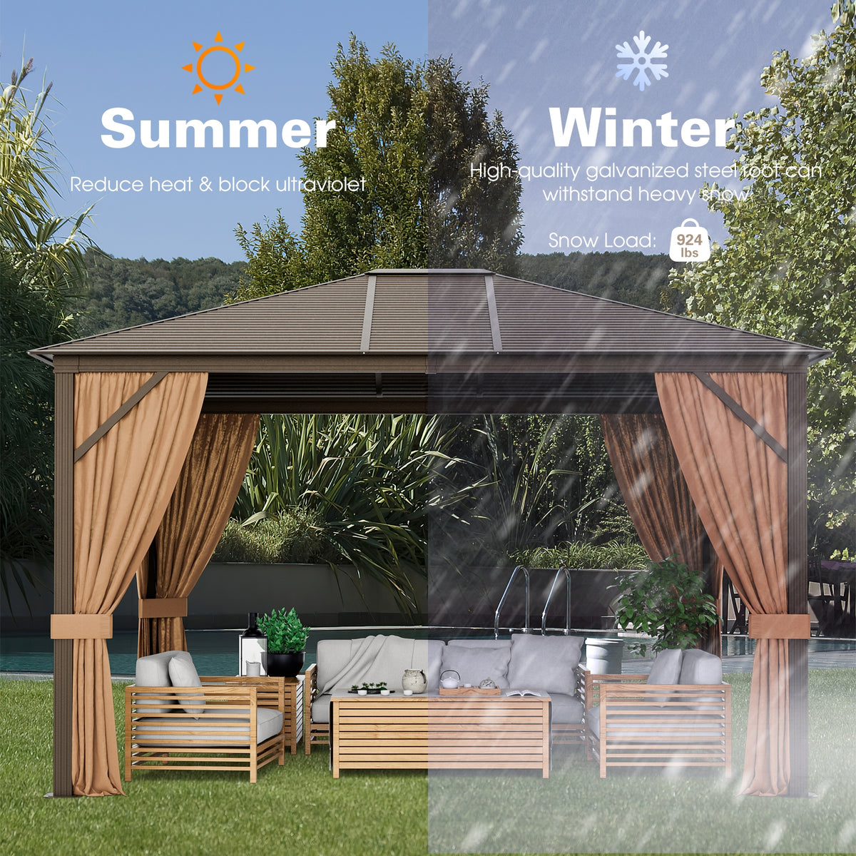 12 x10 Feet Outdoor Hardtop Gazebo with Galvanized Steel Top and Netting-Brown-Outdoor Shades-DECOROLALA