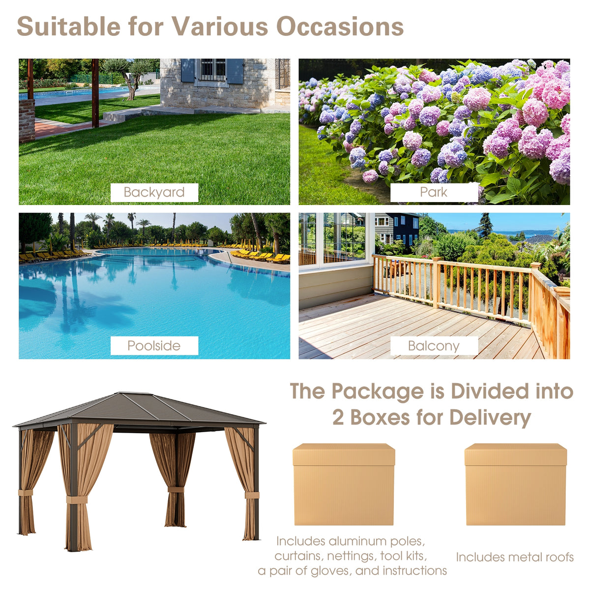 12 x10 Feet Outdoor Hardtop Gazebo with Galvanized Steel Top and Netting-Brown-Outdoor Shades-DECOROLALA