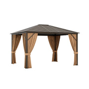 12 x10 Feet Outdoor Hardtop Gazebo with Galvanized Steel Top and Netting-Brown-Outdoor Shades-DECOROLALA