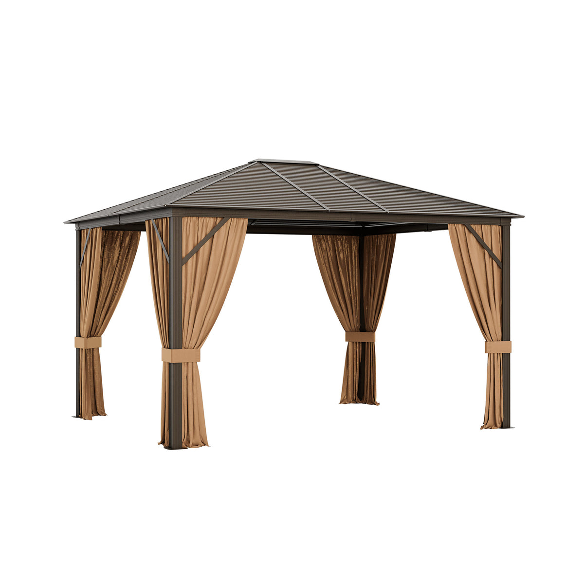 12 x10 Feet Outdoor Hardtop Gazebo with Galvanized Steel Top and Netting-Brown-Outdoor Shades-DECOROLALA