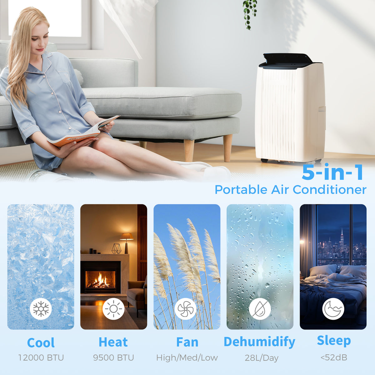 12000 BTU 5-in-1 Portable Air Conditioner - WiFi White-Air Conditioner-DECOROLALA