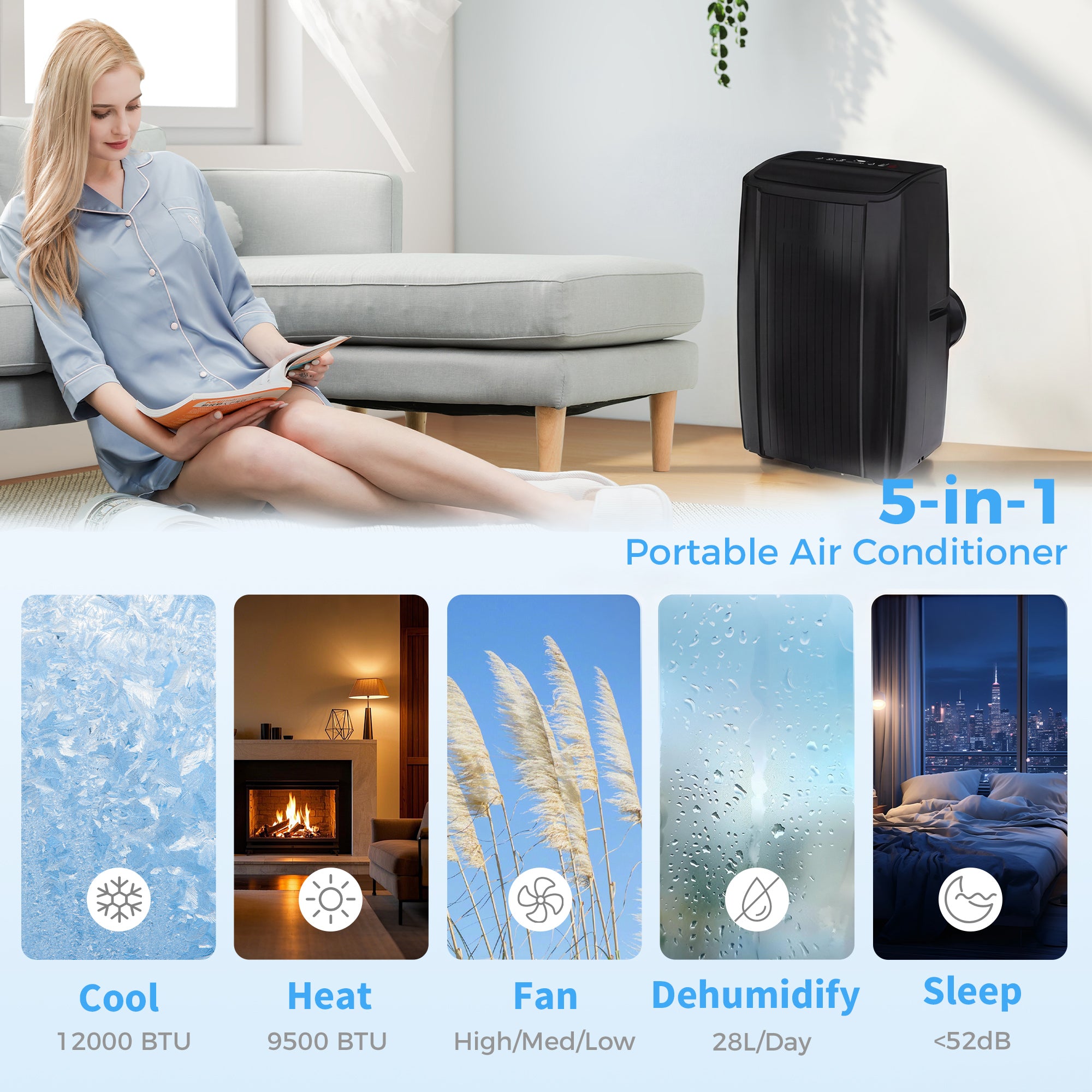 12000 BTU 5-in-1 Portable Air Conditioner with WiFi - Black-Air Conditioner-DECOROLALA