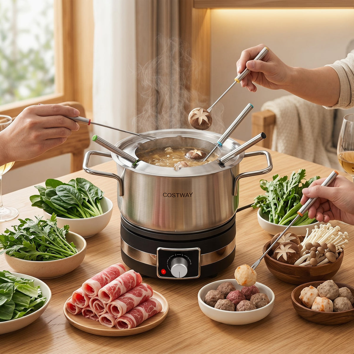 1200W Electric Fondue Pot Set with Removable Stainless Steel Pot and 6 Forks-Small Kitchen Appliances-DECOROLALA
