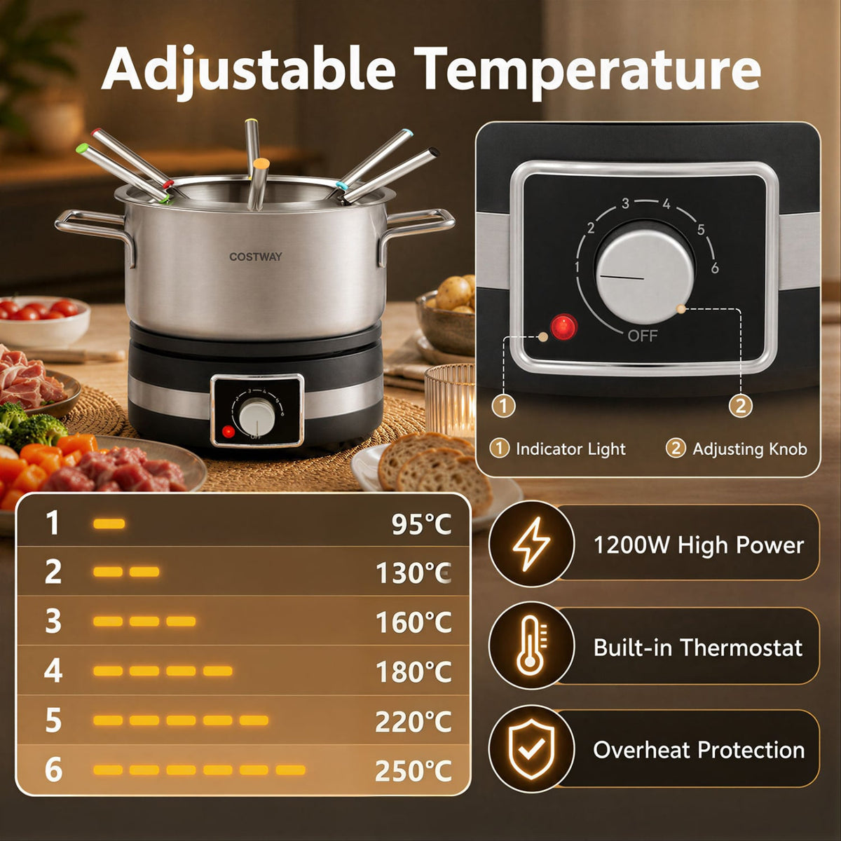 1200W Electric Fondue Pot Set with Removable Stainless Steel Pot and 6 Forks-Small Kitchen Appliances-DECOROLALA