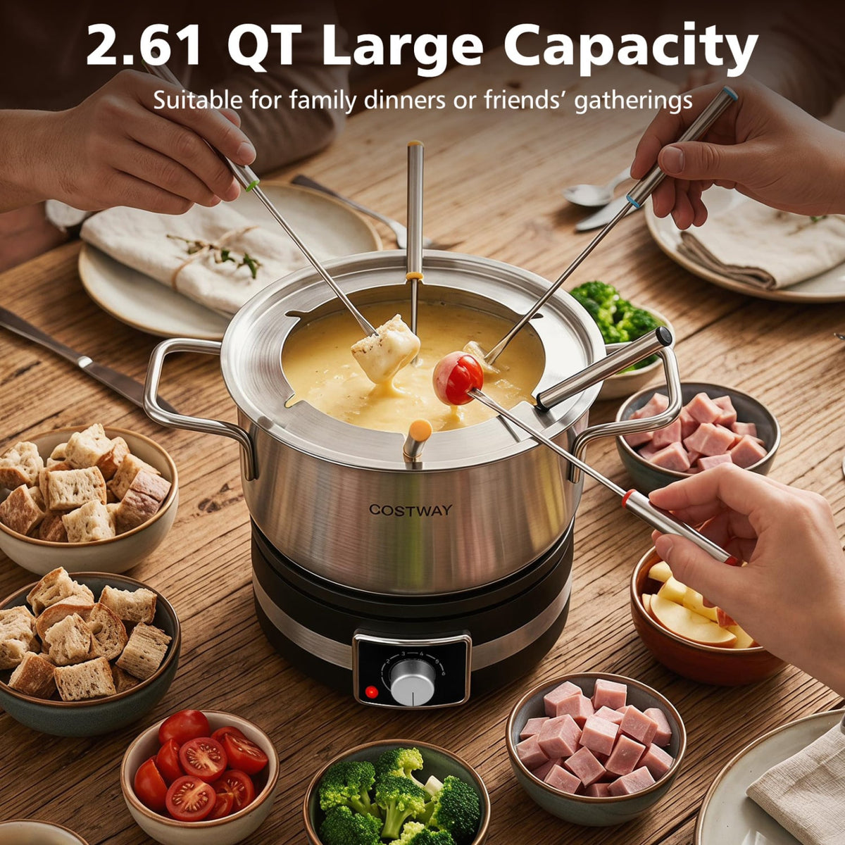1200W Electric Fondue Pot Set with Removable Stainless Steel Pot and 6 Forks-Small Kitchen Appliances-DECOROLALA