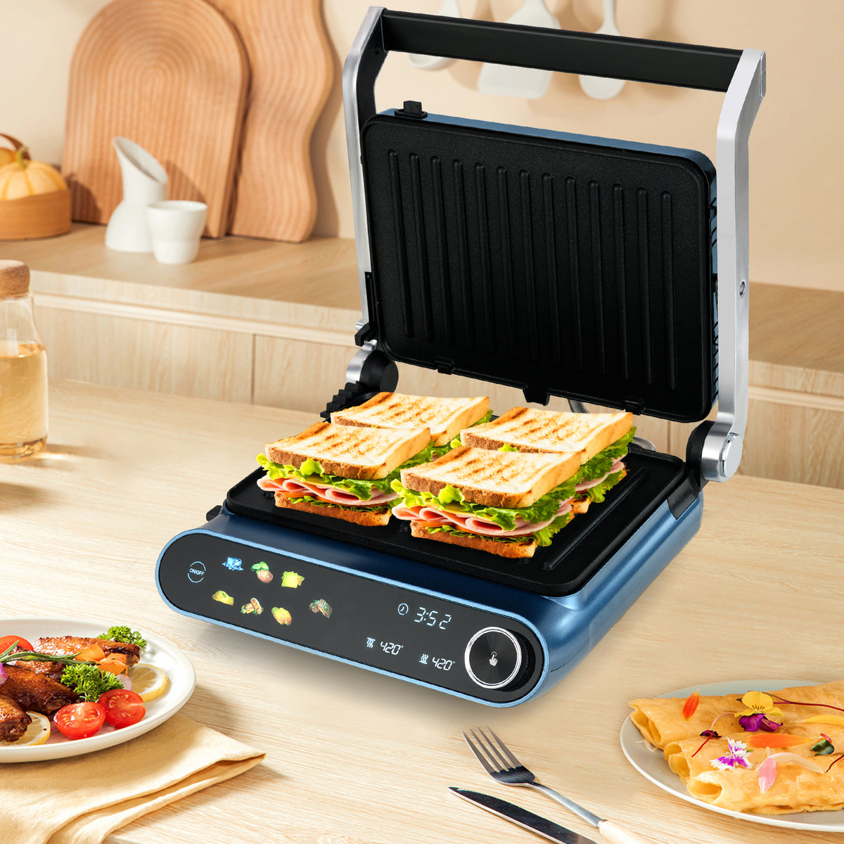 1200W Panini Press Grill with LED Display and 7 Grilling Modes-Blue-Kitchen Appliances-DECOROLALA