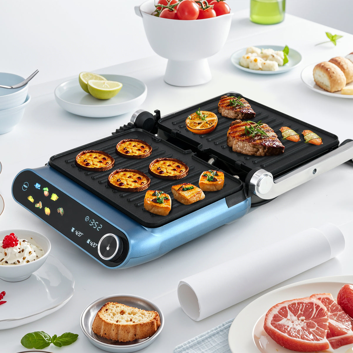 1200W Panini Press Grill with LED Display and 7 Grilling Modes-Blue-Kitchen Appliances-DECOROLALA
