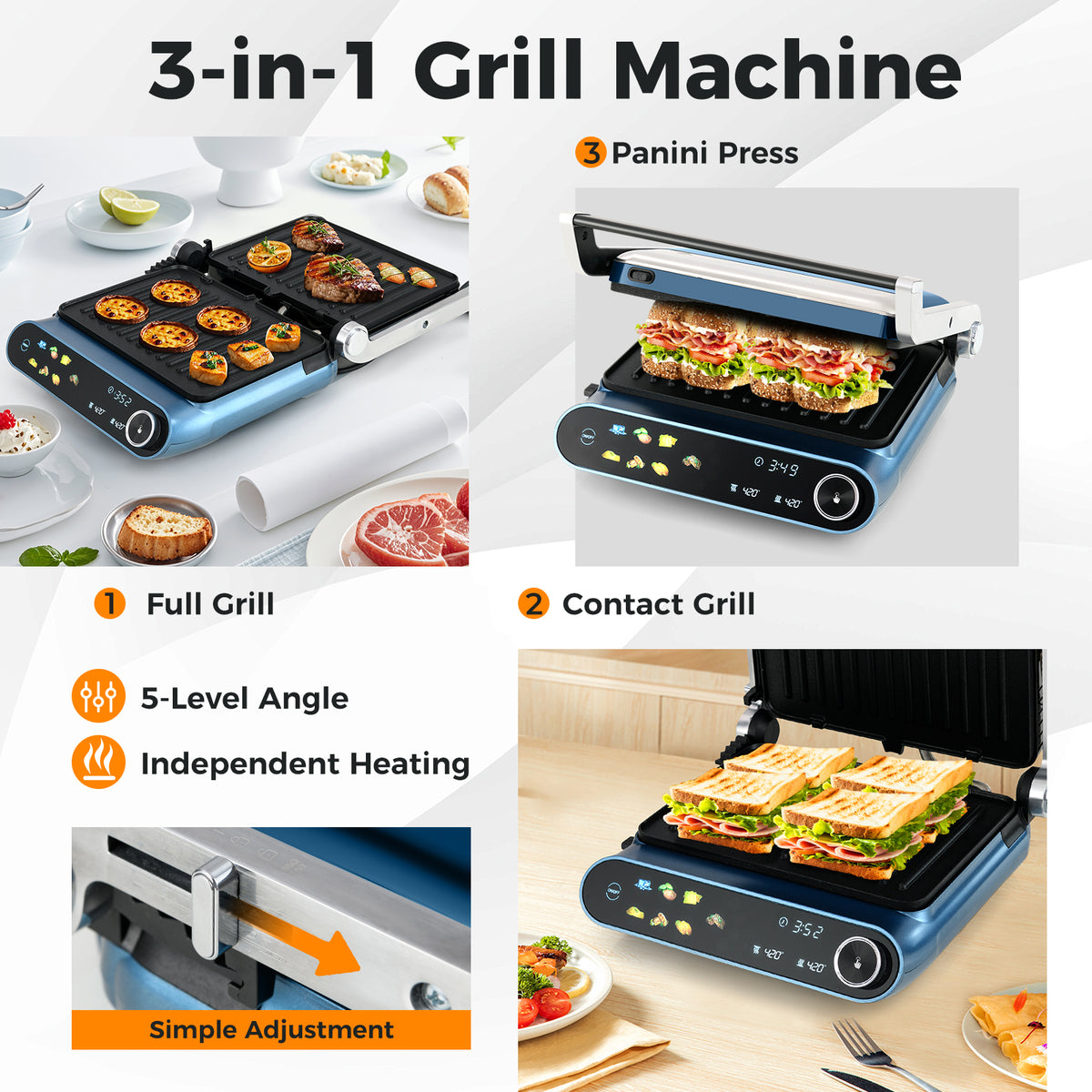 1200W Panini Press Grill with LED Display and 7 Grilling Modes-Blue-Kitchen Appliances-DECOROLALA