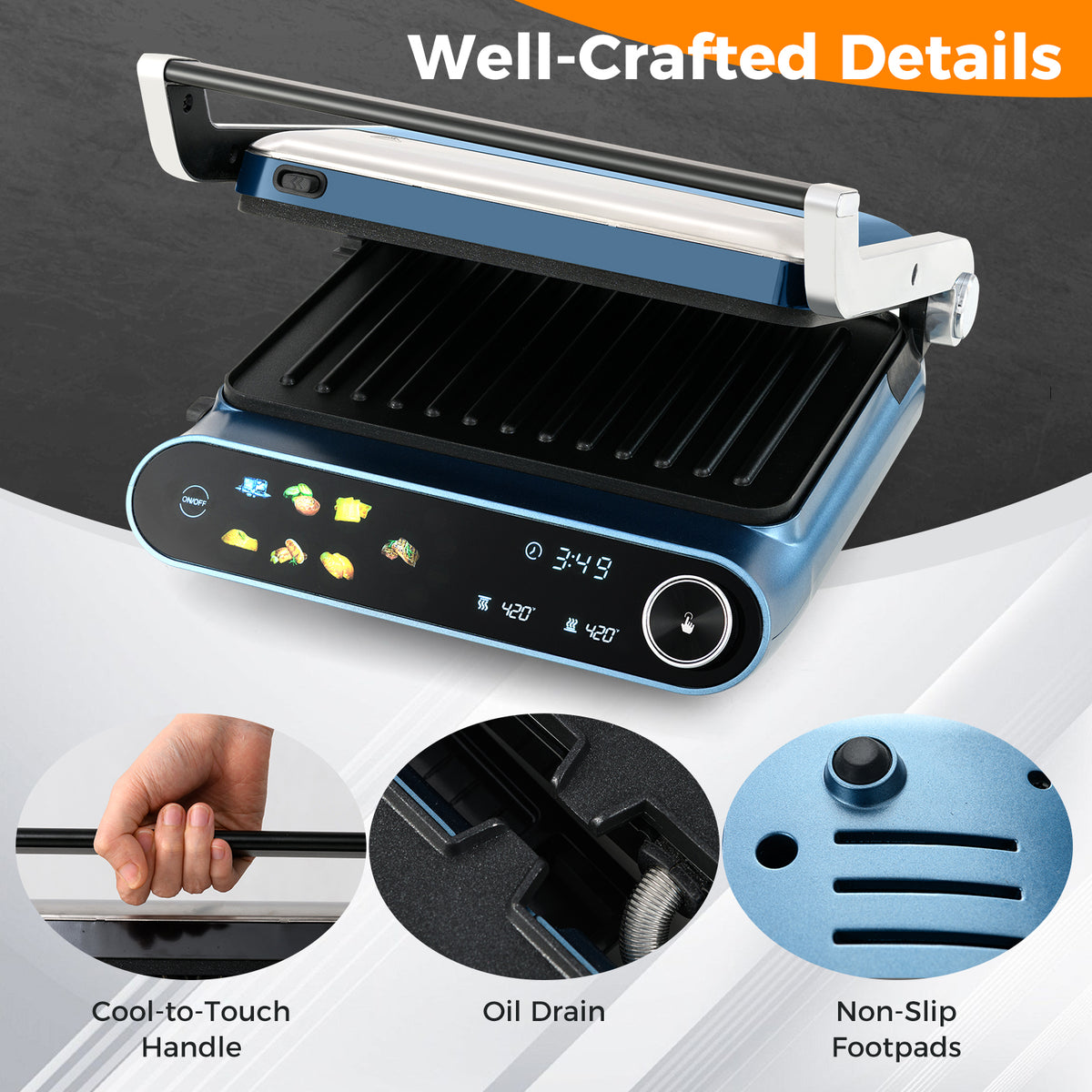 1200W Panini Press Grill with LED Display and 7 Grilling Modes-Blue-Kitchen Appliances-DECOROLALA