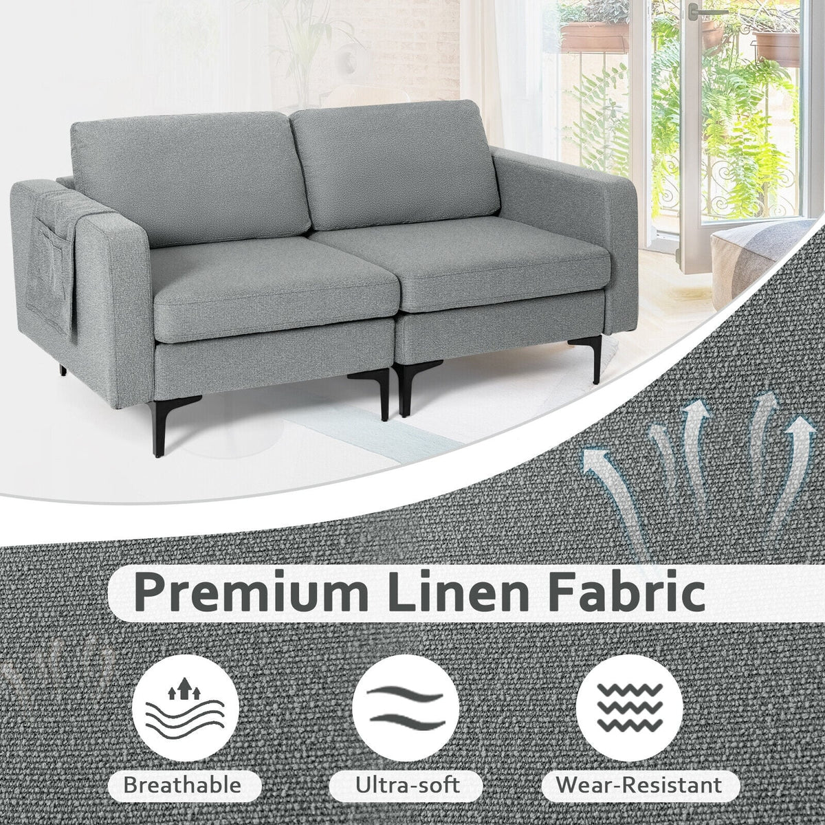 2-Seat Convertible Sectional Sofa with Reversible Ottoman - Dark Gray-Sofas & Loveseats-DECOROLALA