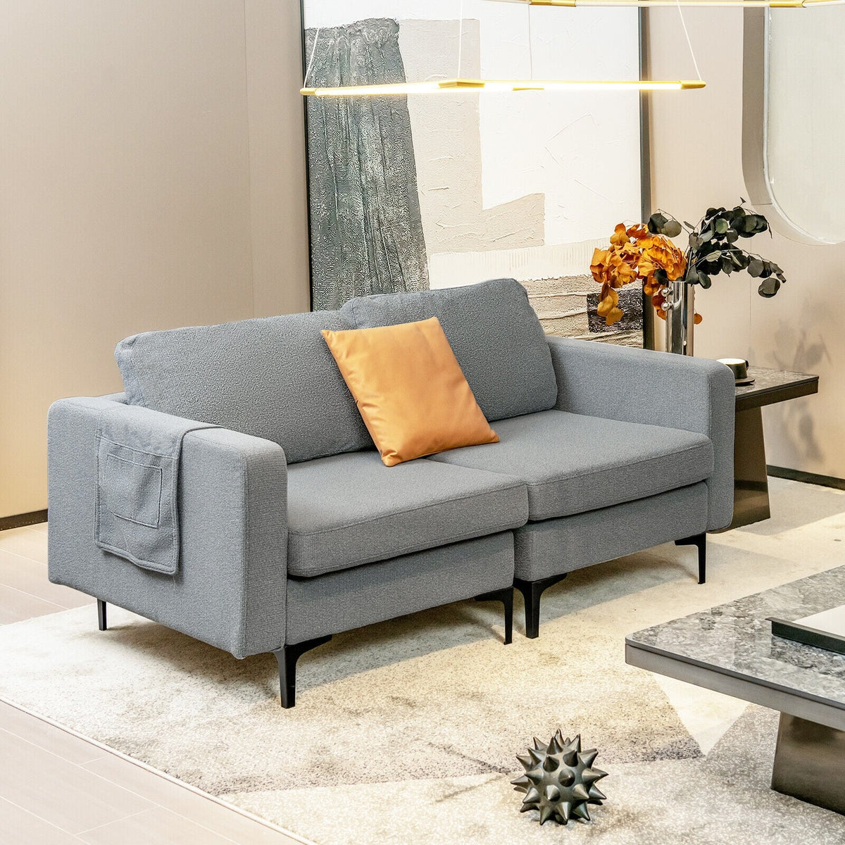 2-Seat Convertible Sectional Sofa with Reversible Ottoman - Dark Gray-Sofas & Loveseats-DECOROLALA